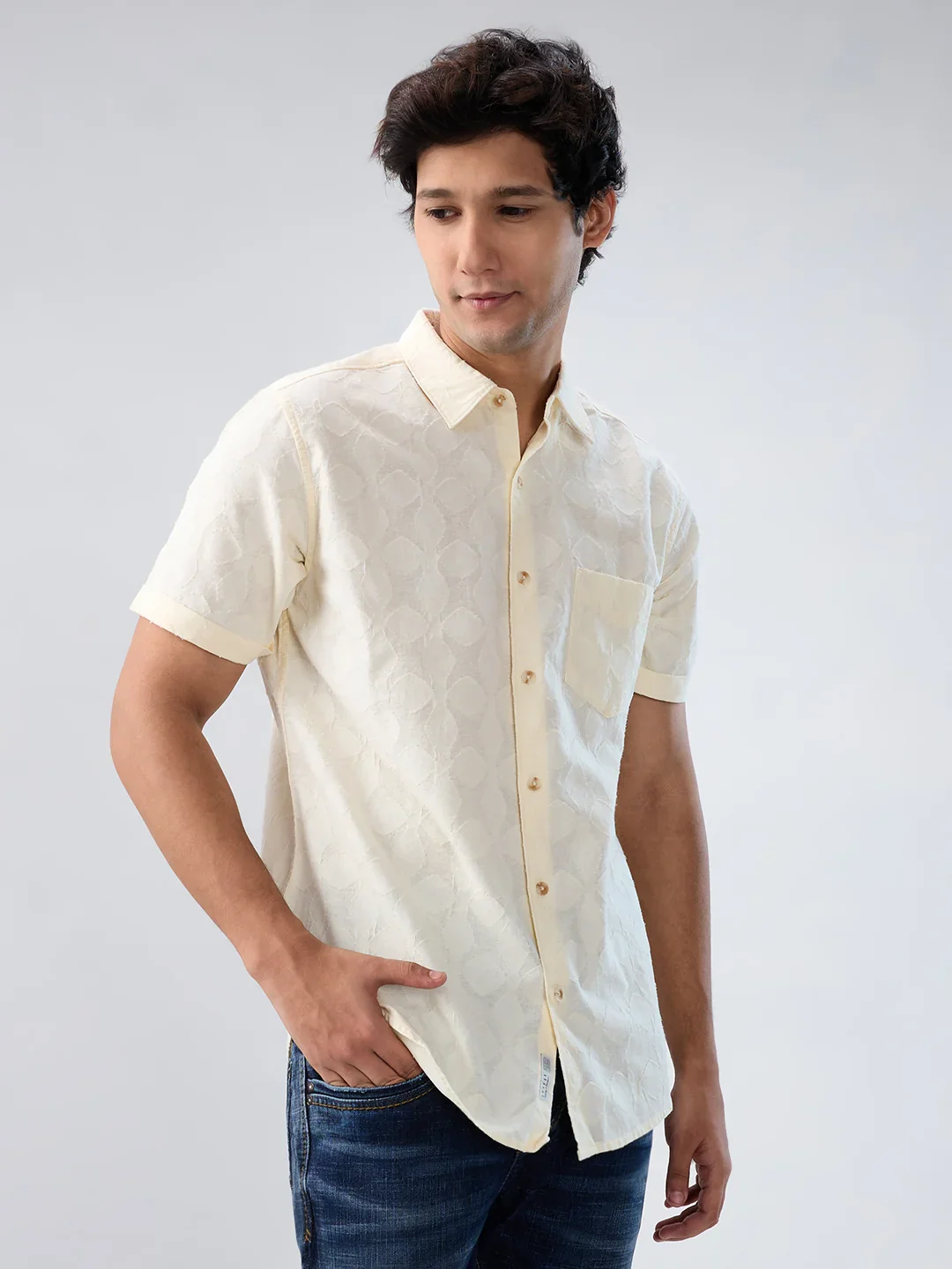 Men Shirt Solid Off White Regular Fit - Image 3