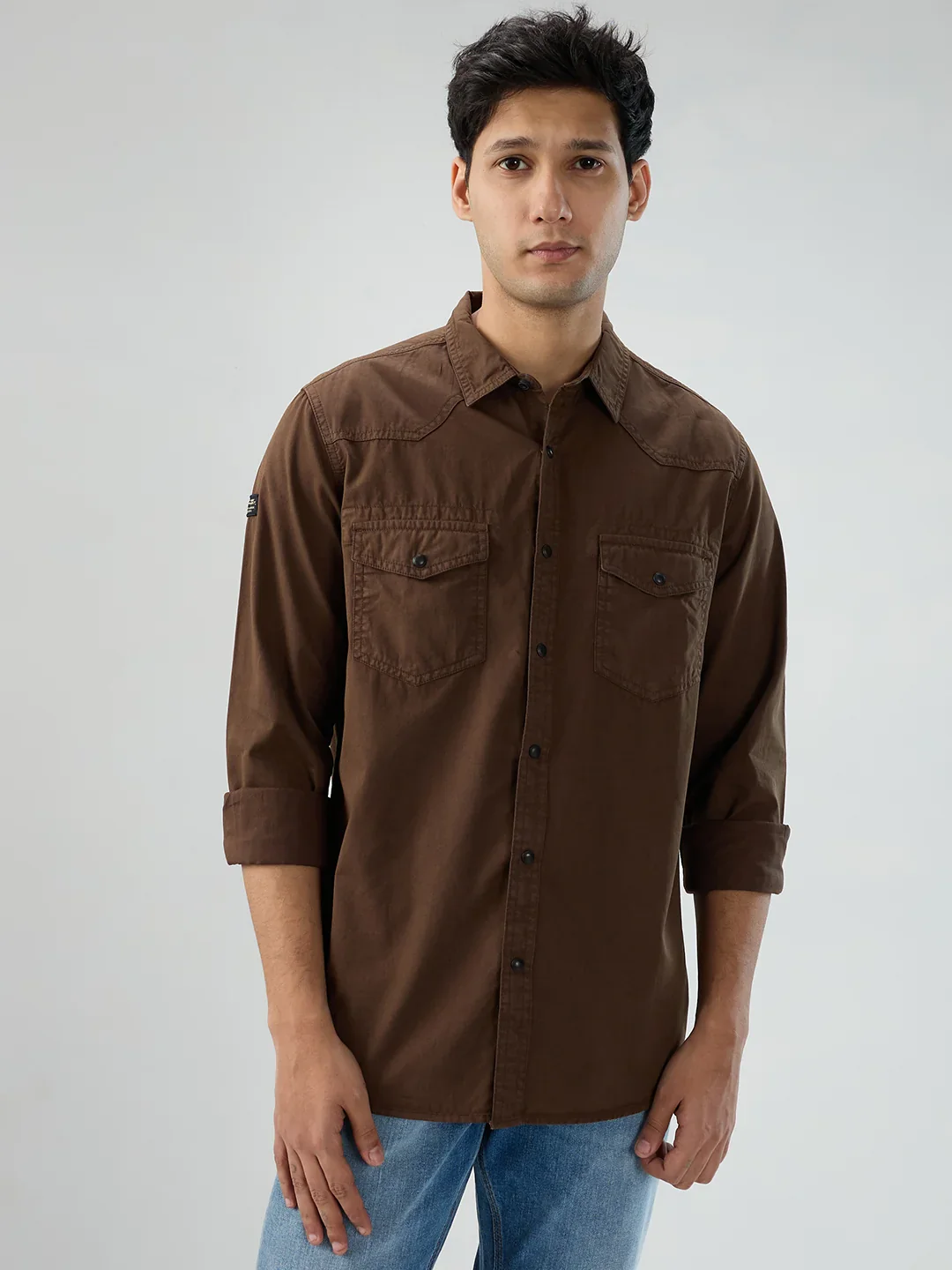Men Shirt Solid Brown Regular Fit