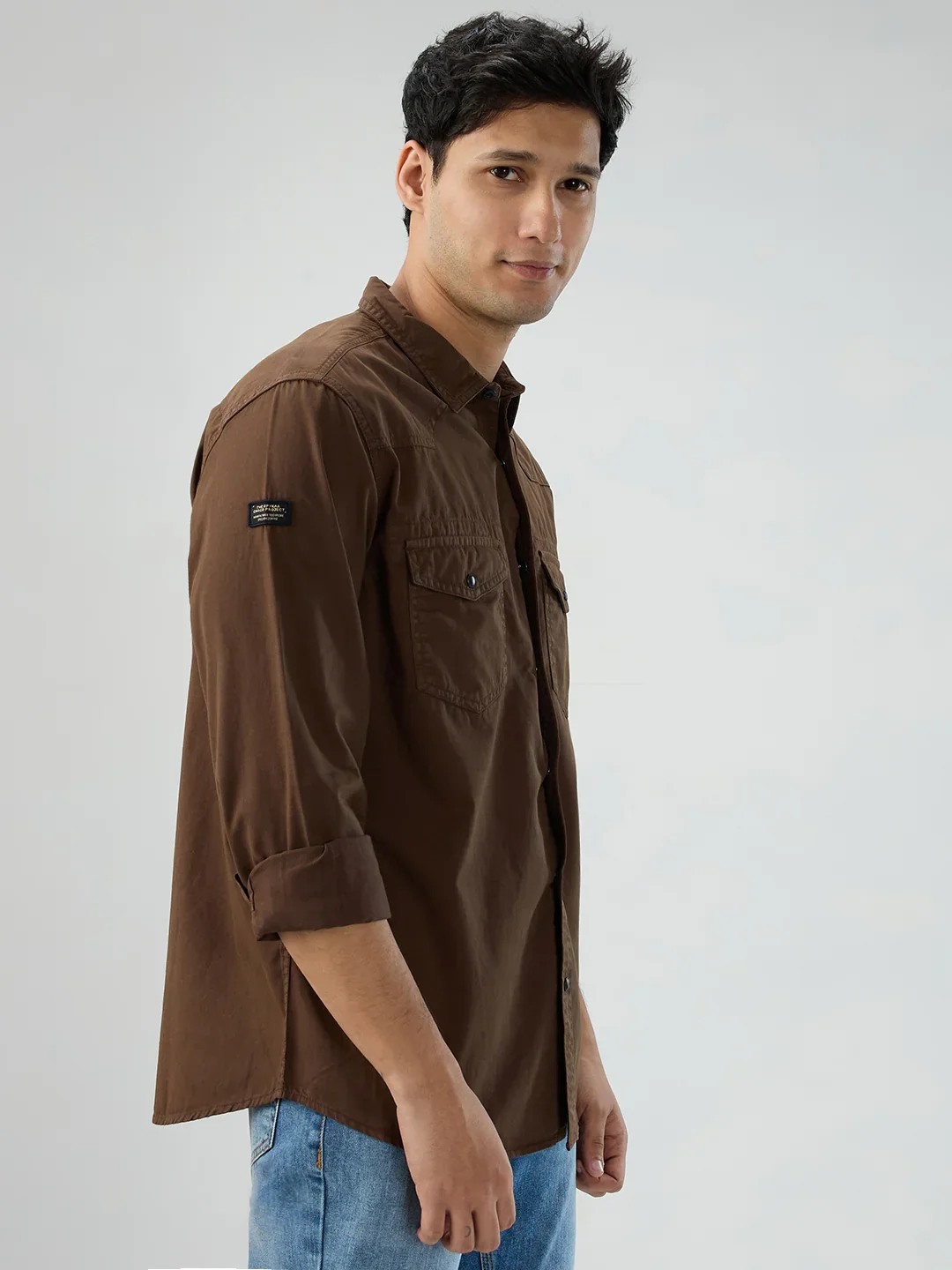 Men Shirt Solid Brown Regular Fit - Image 3