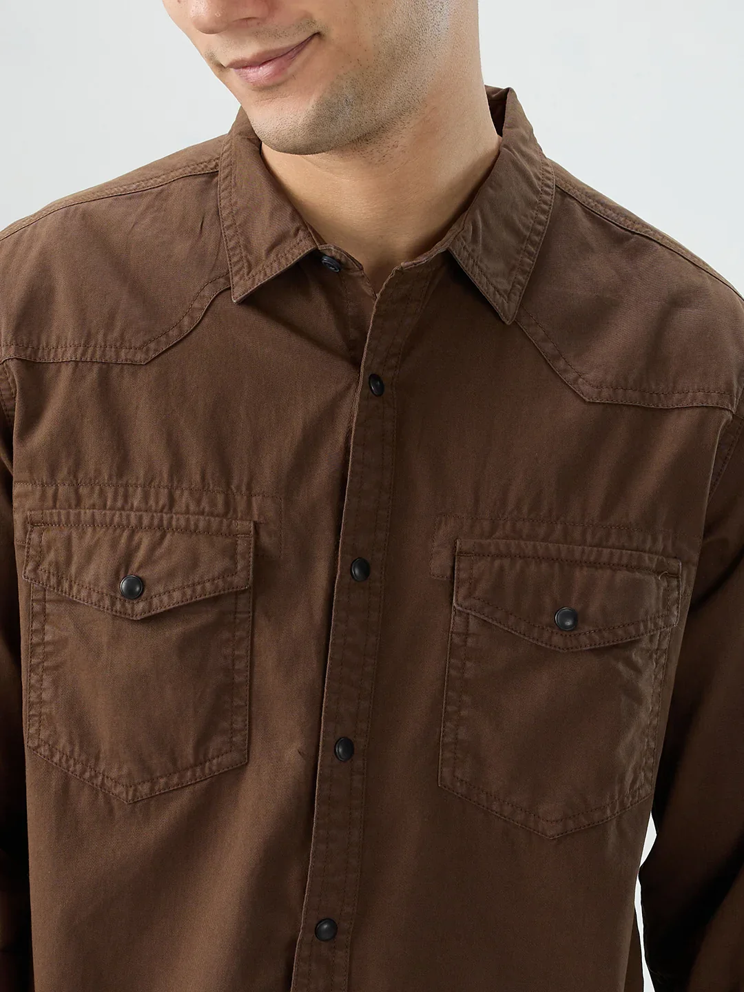 Men Shirt Solid Brown Regular Fit - Image 4