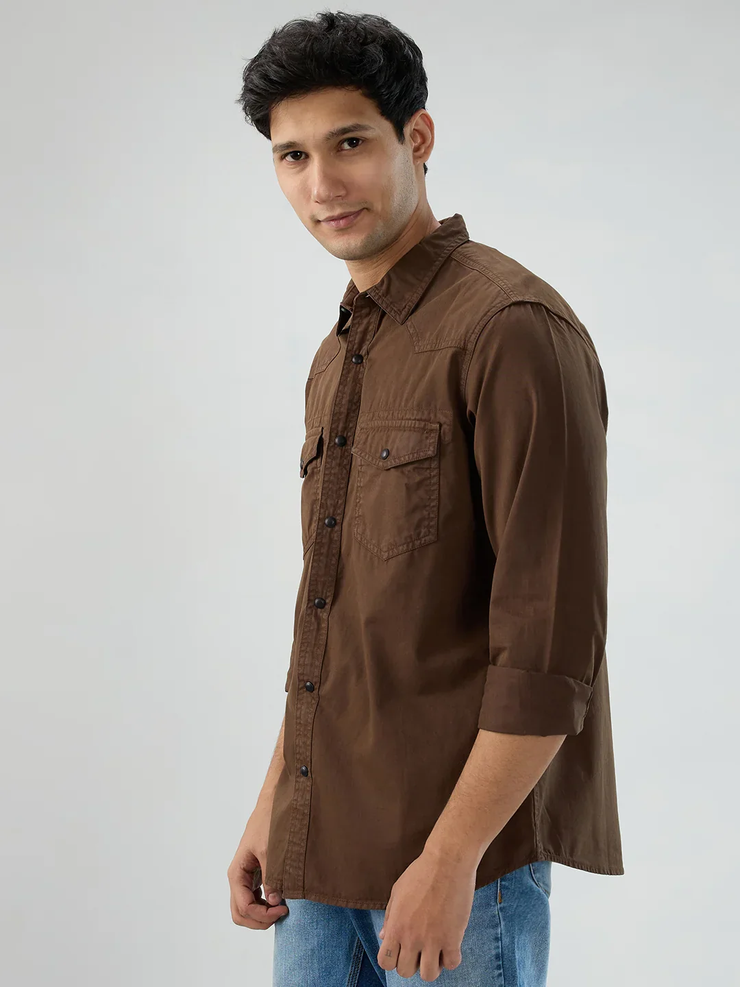 Men Shirt Solid Brown Regular Fit - Image 5