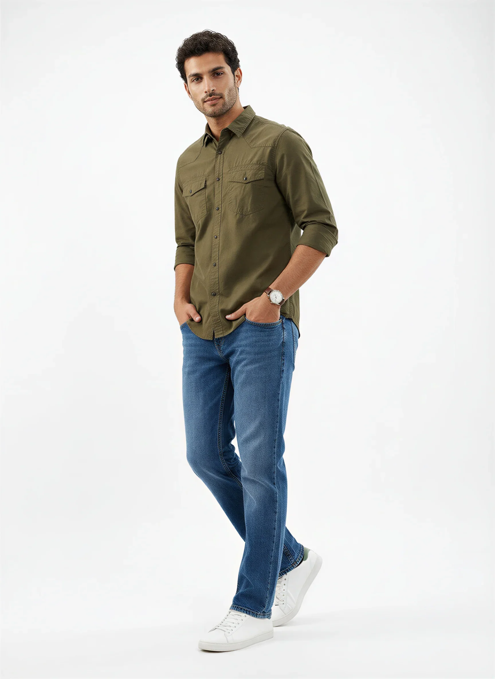Men Shirt Solid Green Regular Fit - Image 2