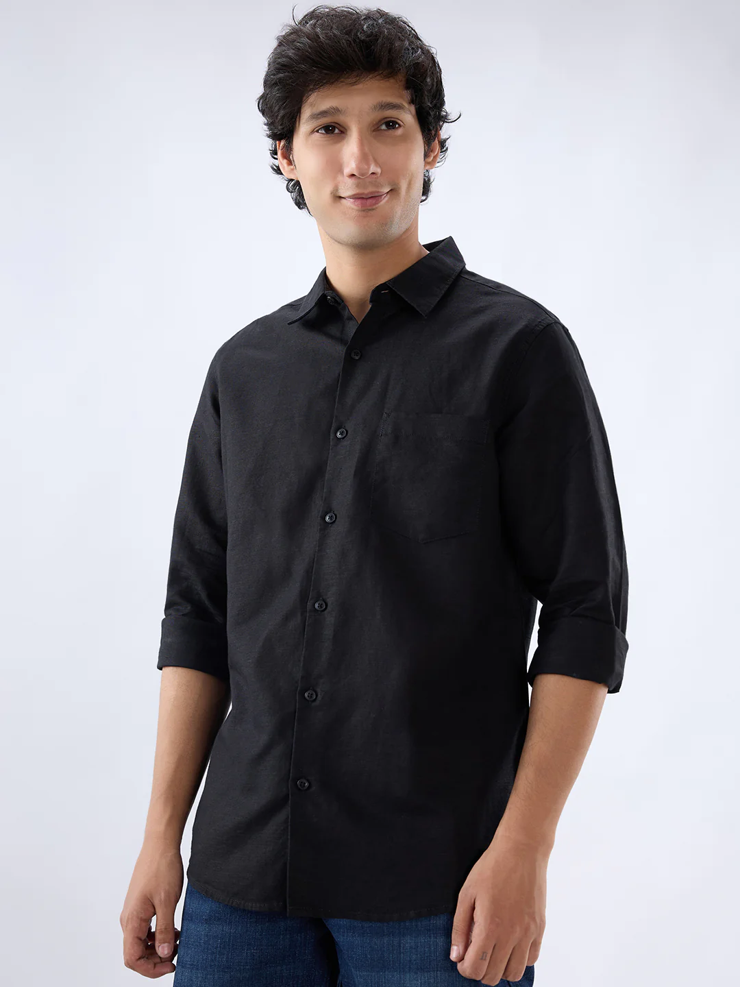 Men Shirt Solid Black Regular Fit - Image 3