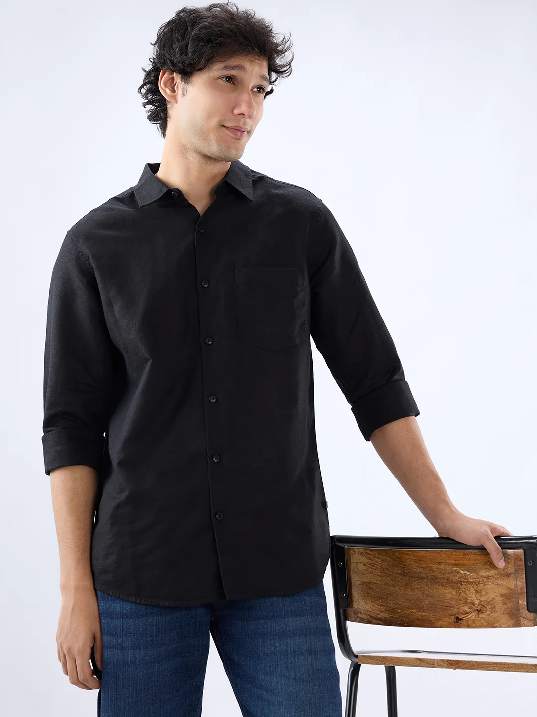 Men Shirt Solid Black Regular Fit - Image 7