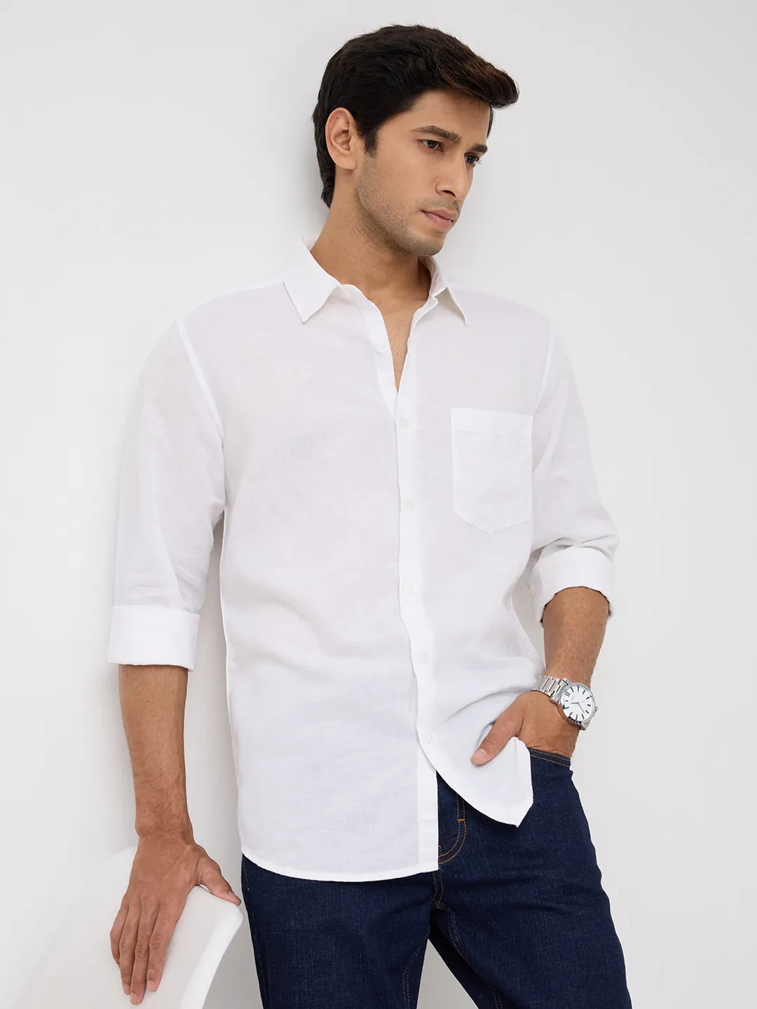 Men Shirt Solid White Regular Fit - Image 7