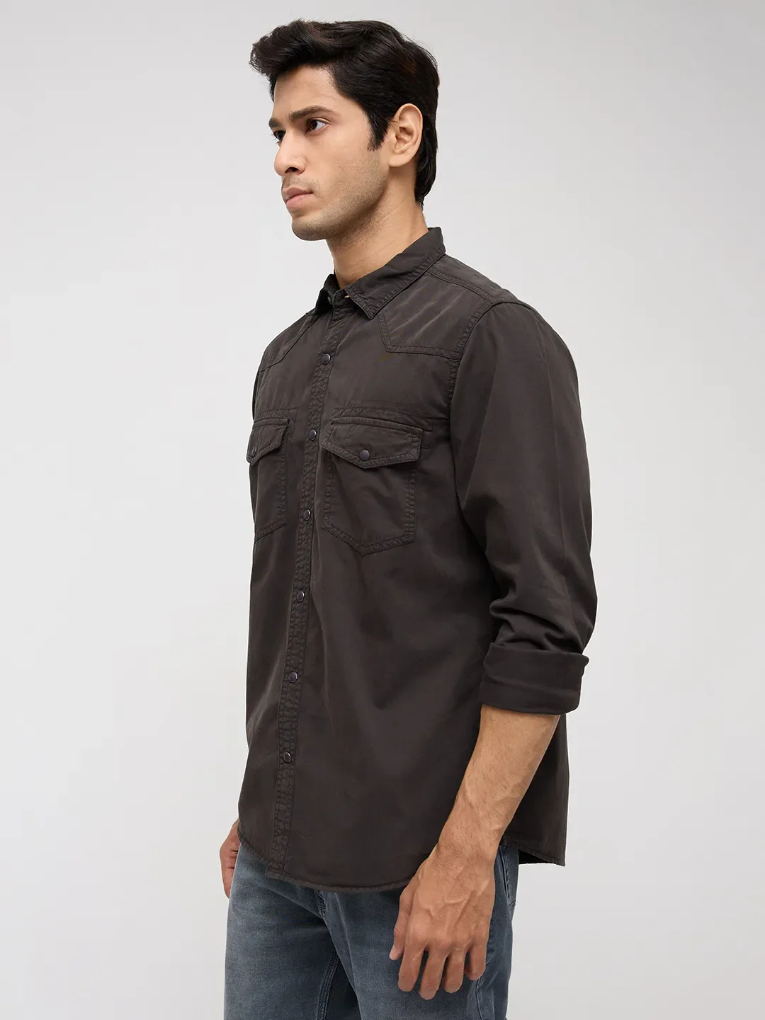 Men Shirt Solid Grey Regular Fit - Image 4