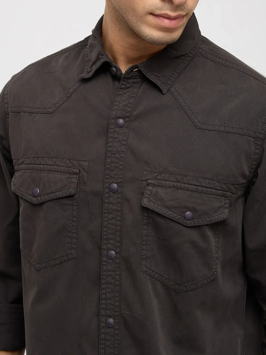Men Shirt Solid Grey Regular Fit - Image 6
