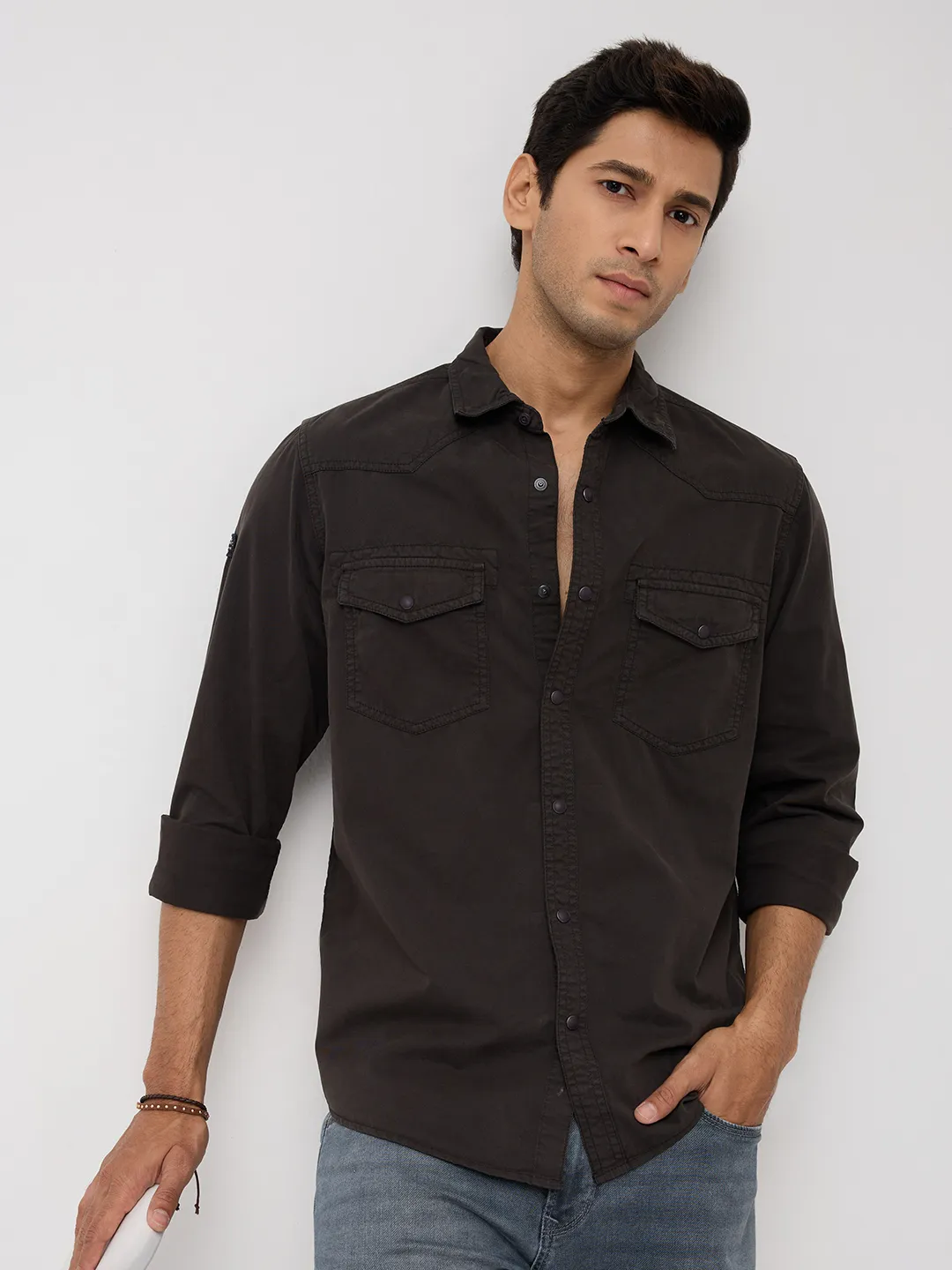 Men Shirt Solid Grey Regular Fit - Image 7