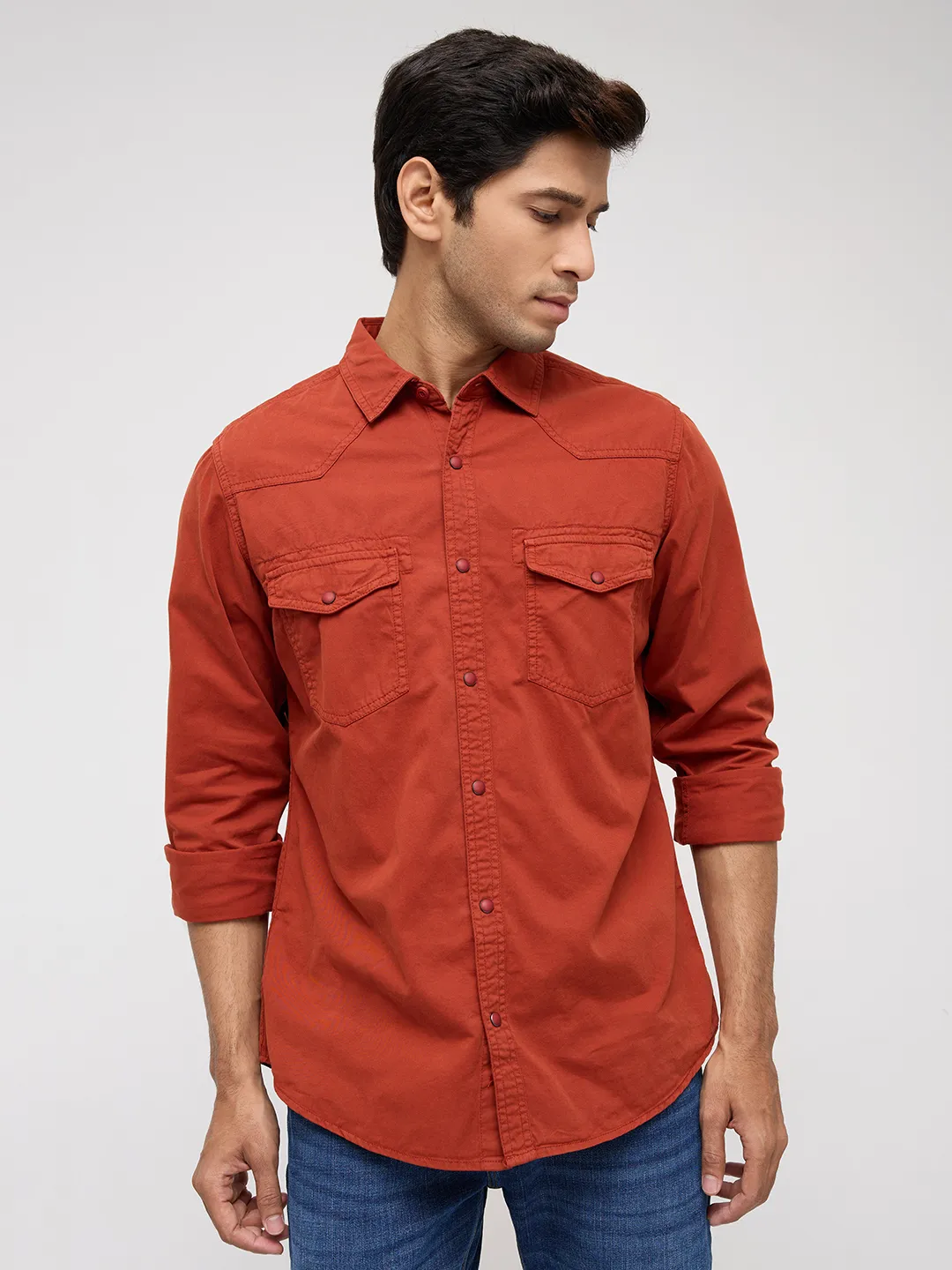 Men Shirt Solid Rust Regular Fit
