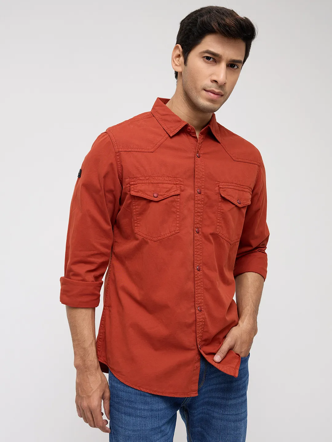 Men Shirt Solid Rust Regular Fit - Image 3
