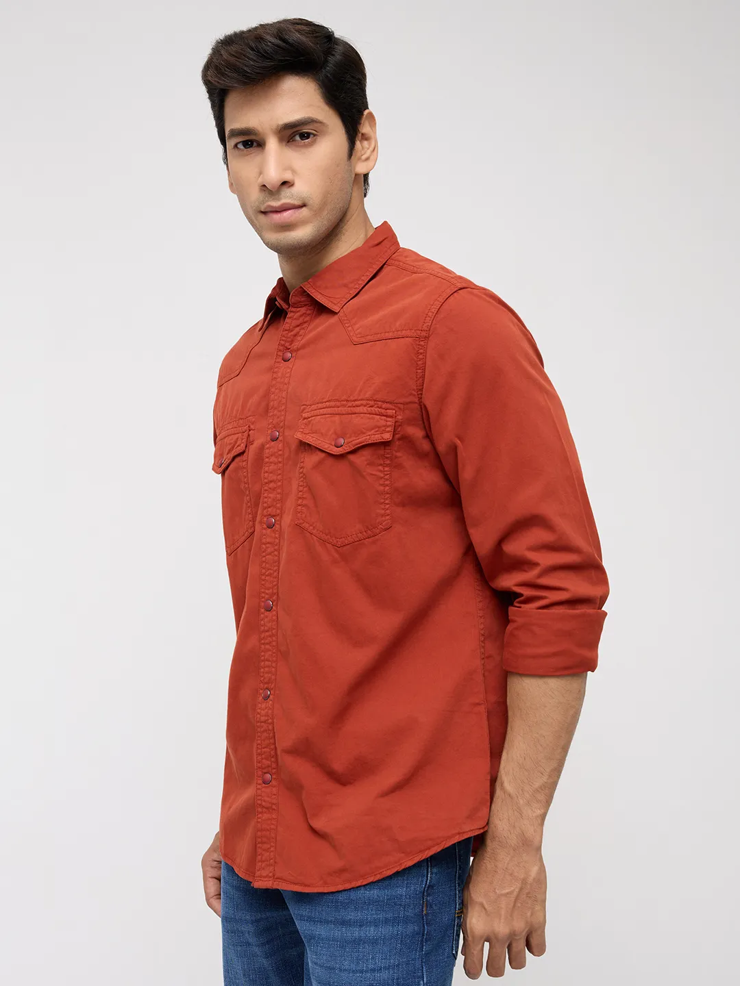 Men Shirt Solid Rust Regular Fit - Image 4