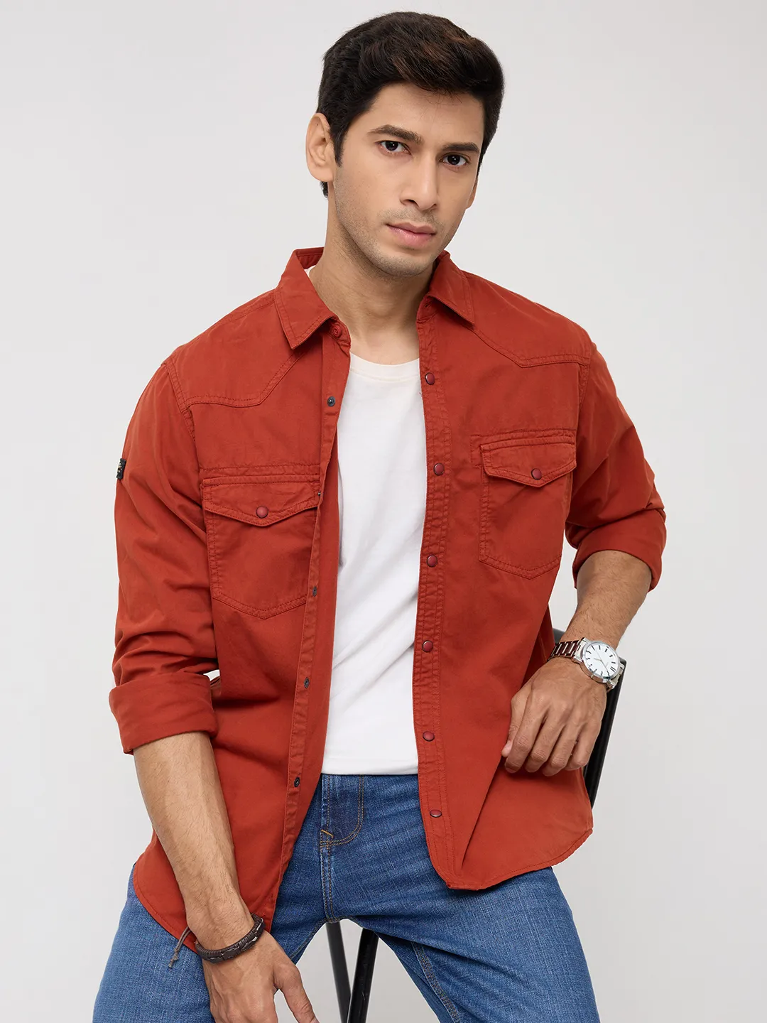 Men Shirt Solid Rust Regular Fit - Image 7