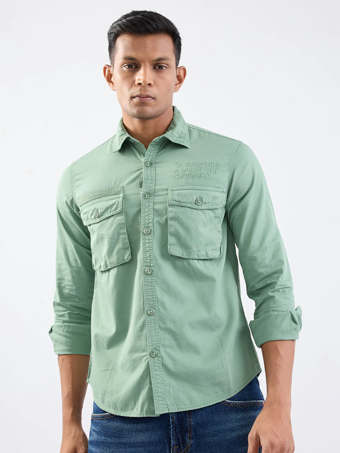 Men Shirt Green Slim Fit - Image 2