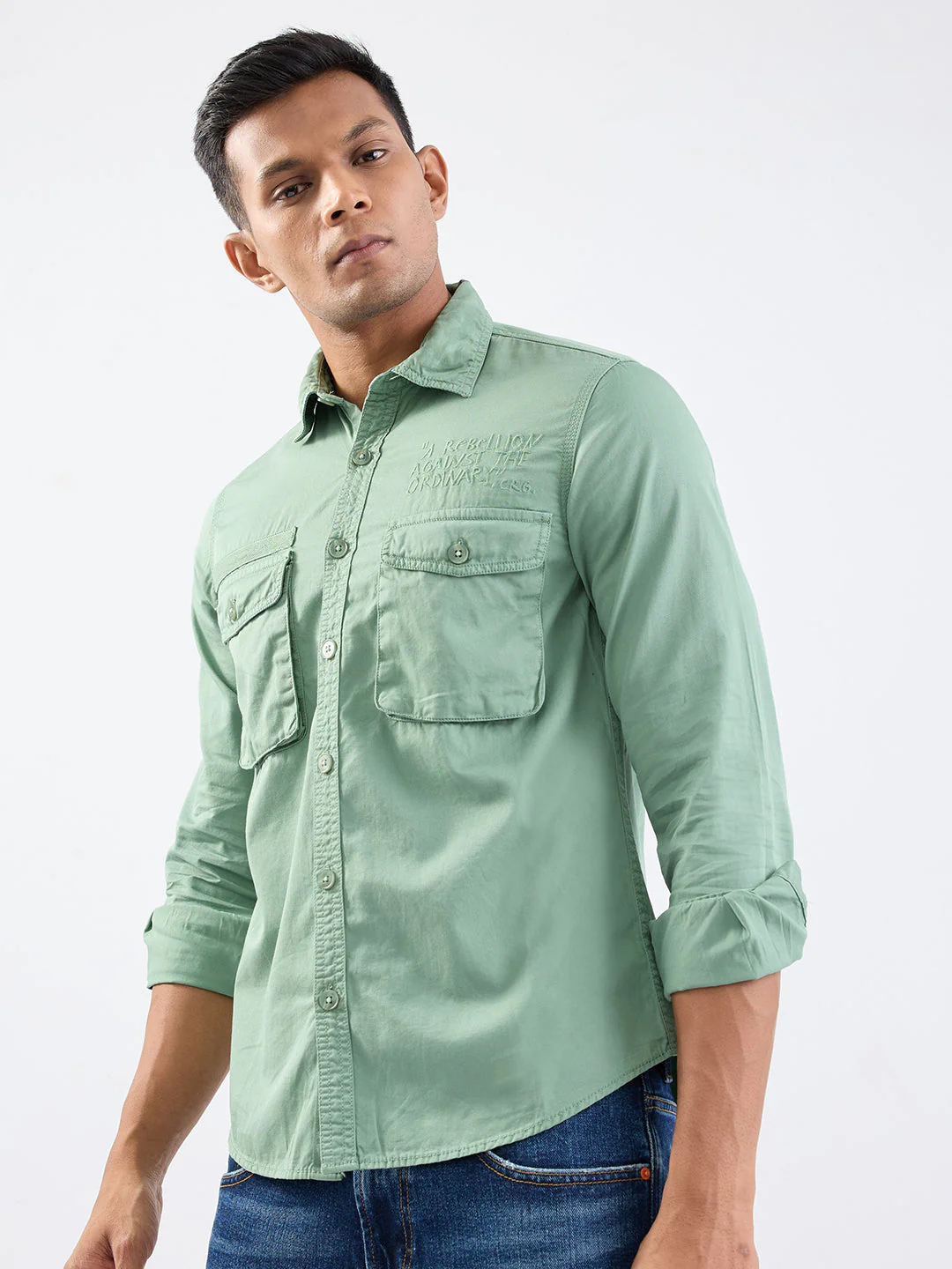 Men Shirt Green Slim Fit - Image 3