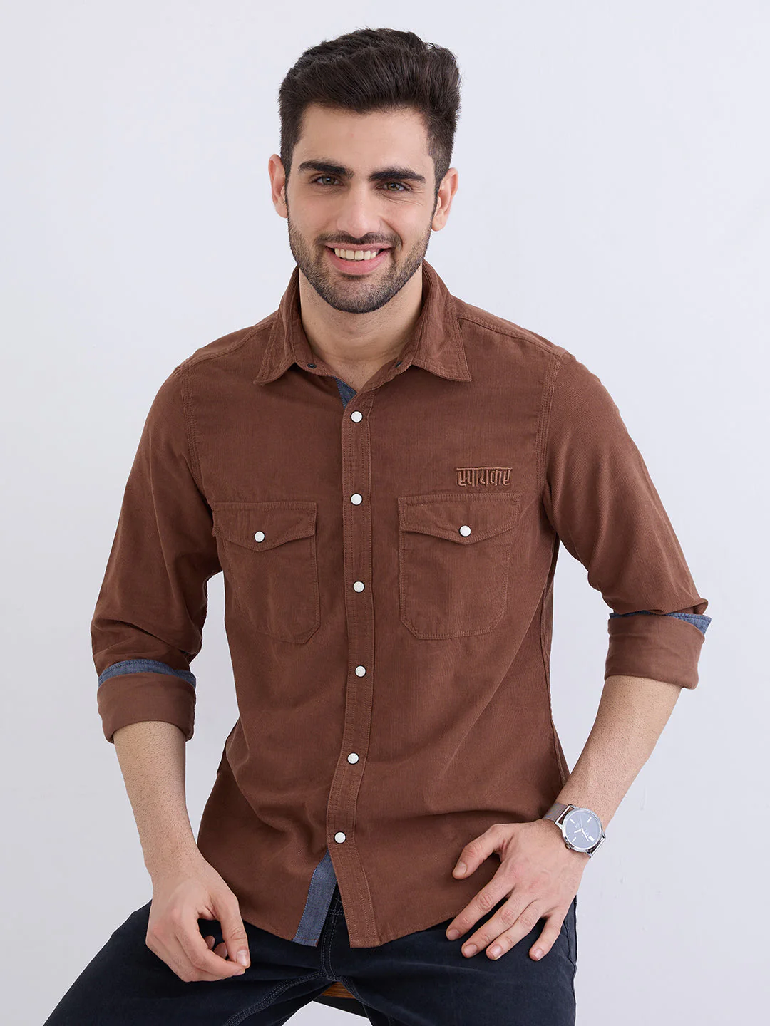 Men Shirt Brown Slim Fit - Image 7