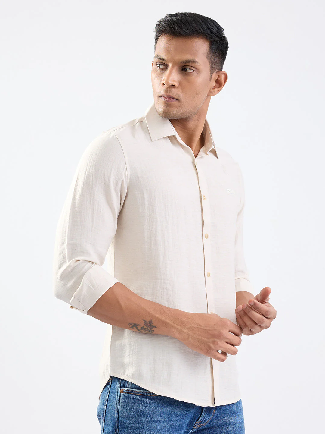Men Shirt Beige Slim Fit - Image 3