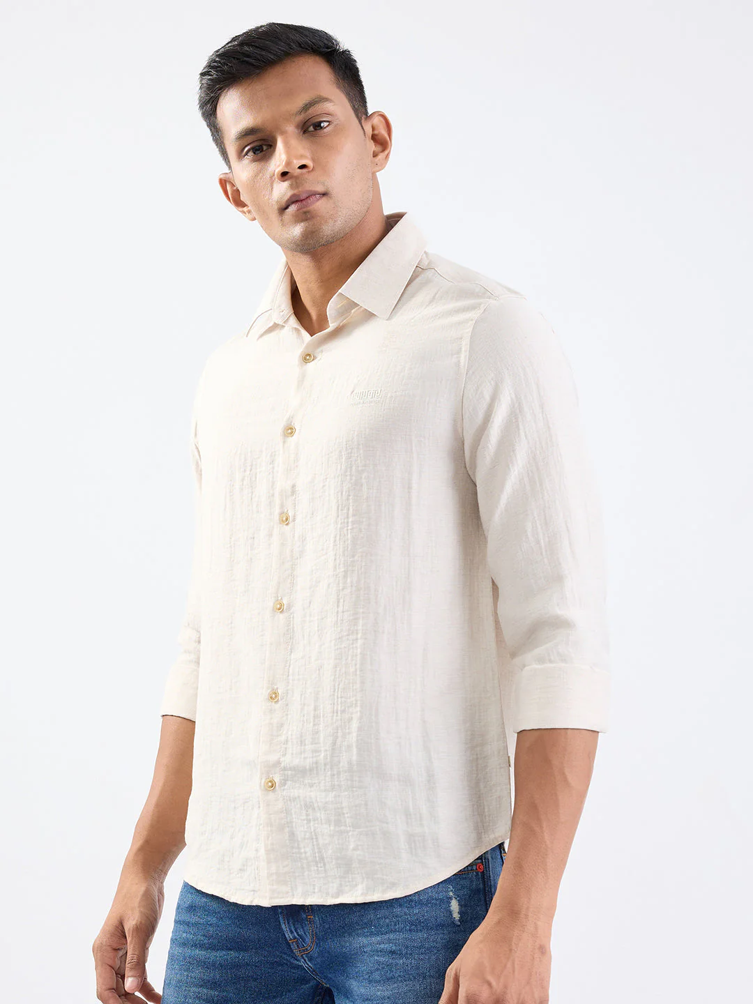 Men Shirt Beige Slim Fit - Image 4