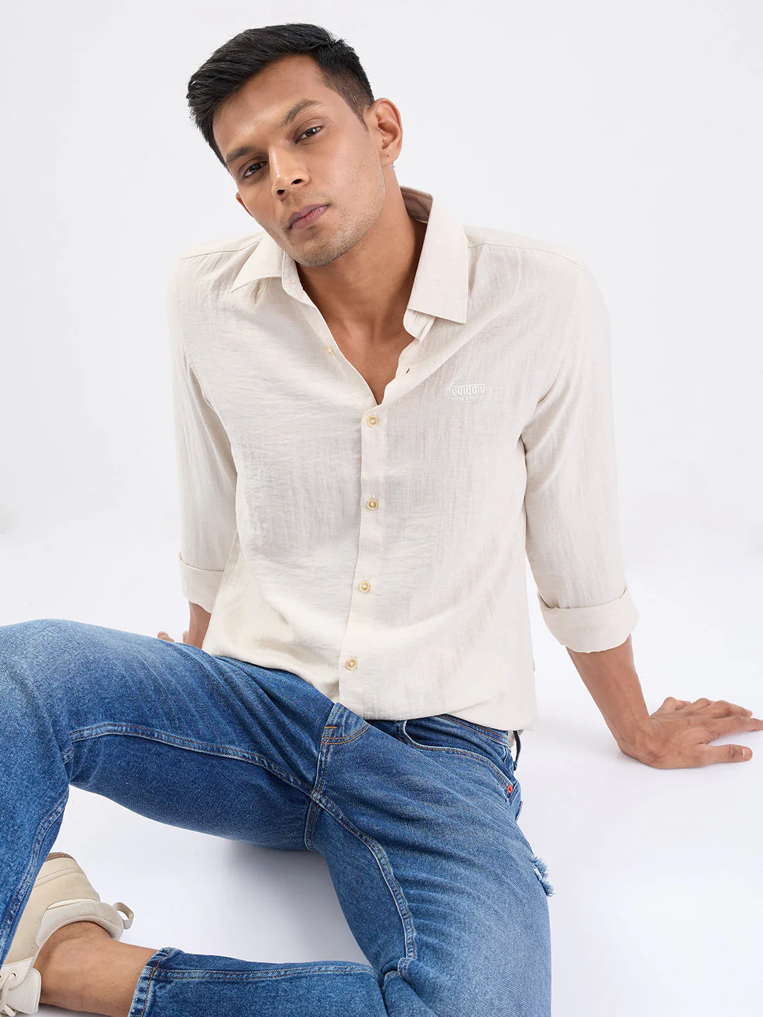 Men Shirt Beige Slim Fit - Image 7