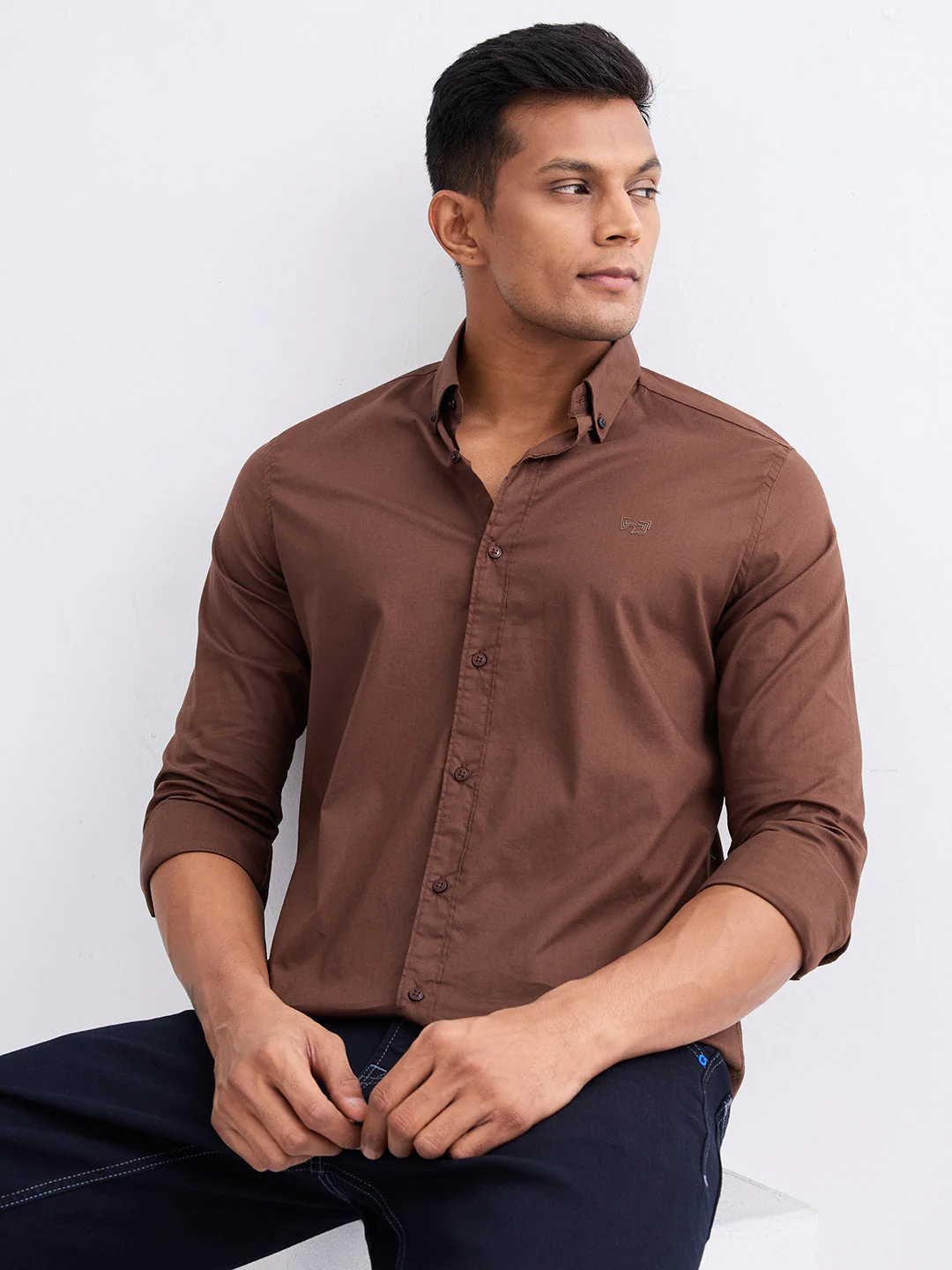Men Shirt Brown Slim Fit - Image 7