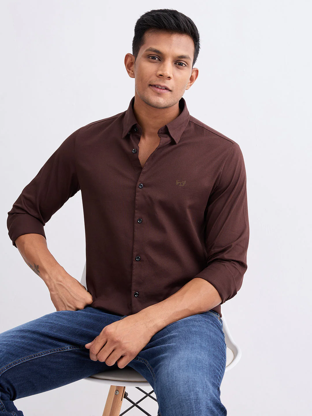 Men Shirt Brown Slim Fit - Image 7