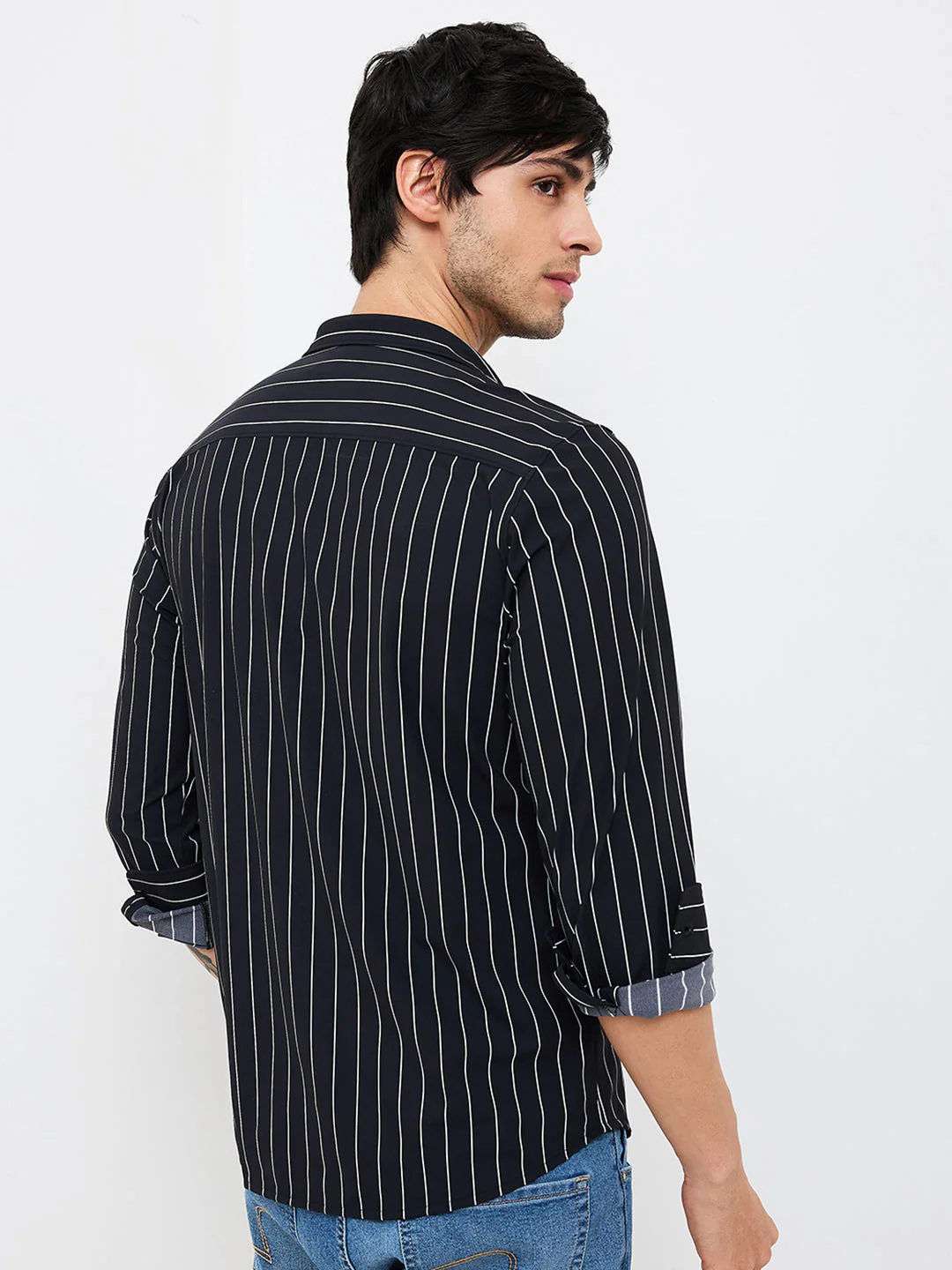 Men Shirt Stripe Black Slim Fit - Image 4
