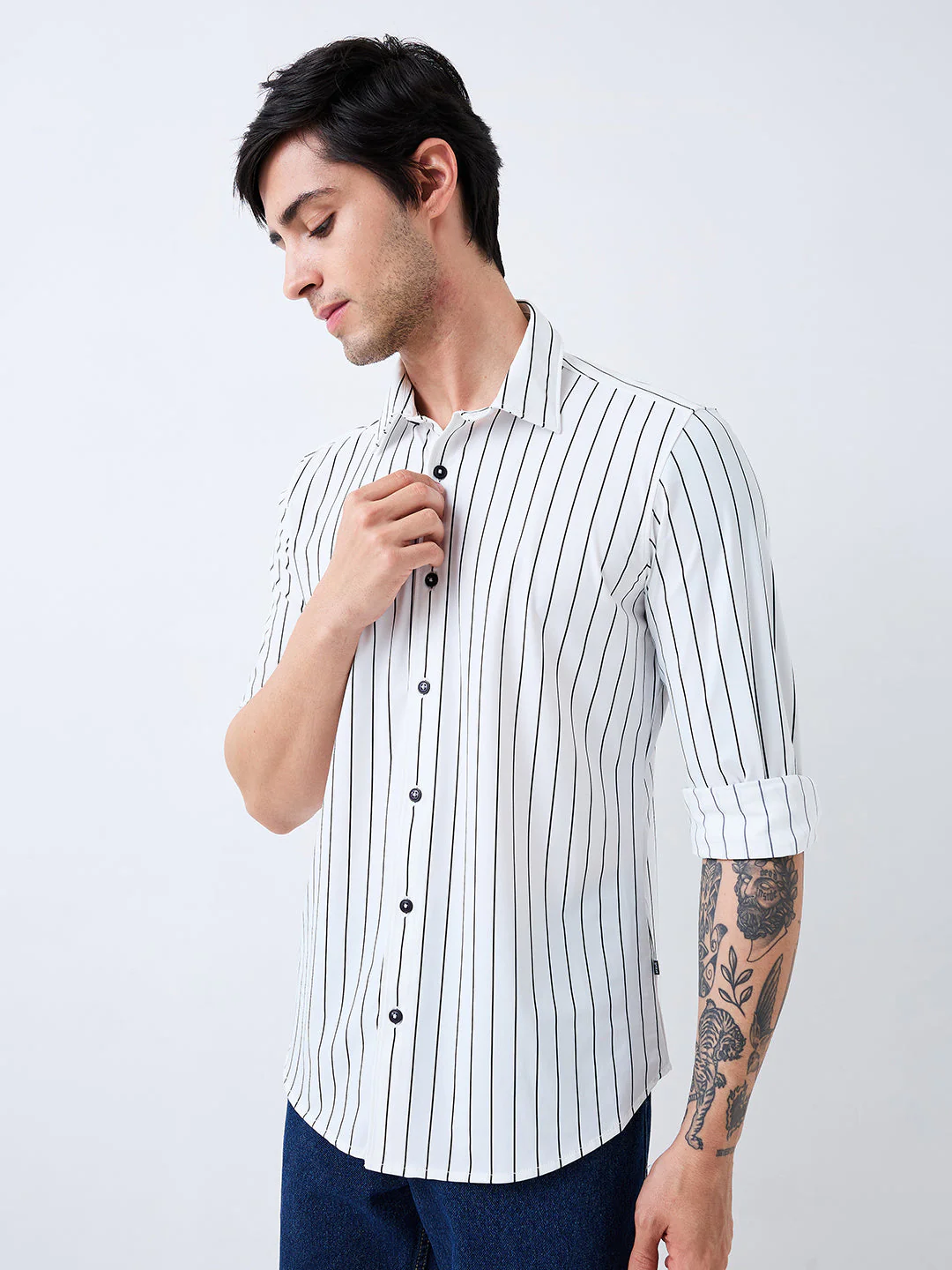 Men Shirt Stripe White Slim Fit - Image 3