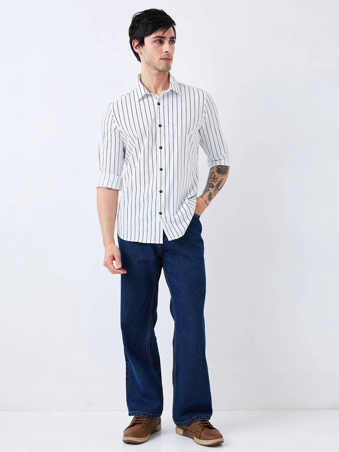 Men Shirt Stripe White Slim Fit - Image 5