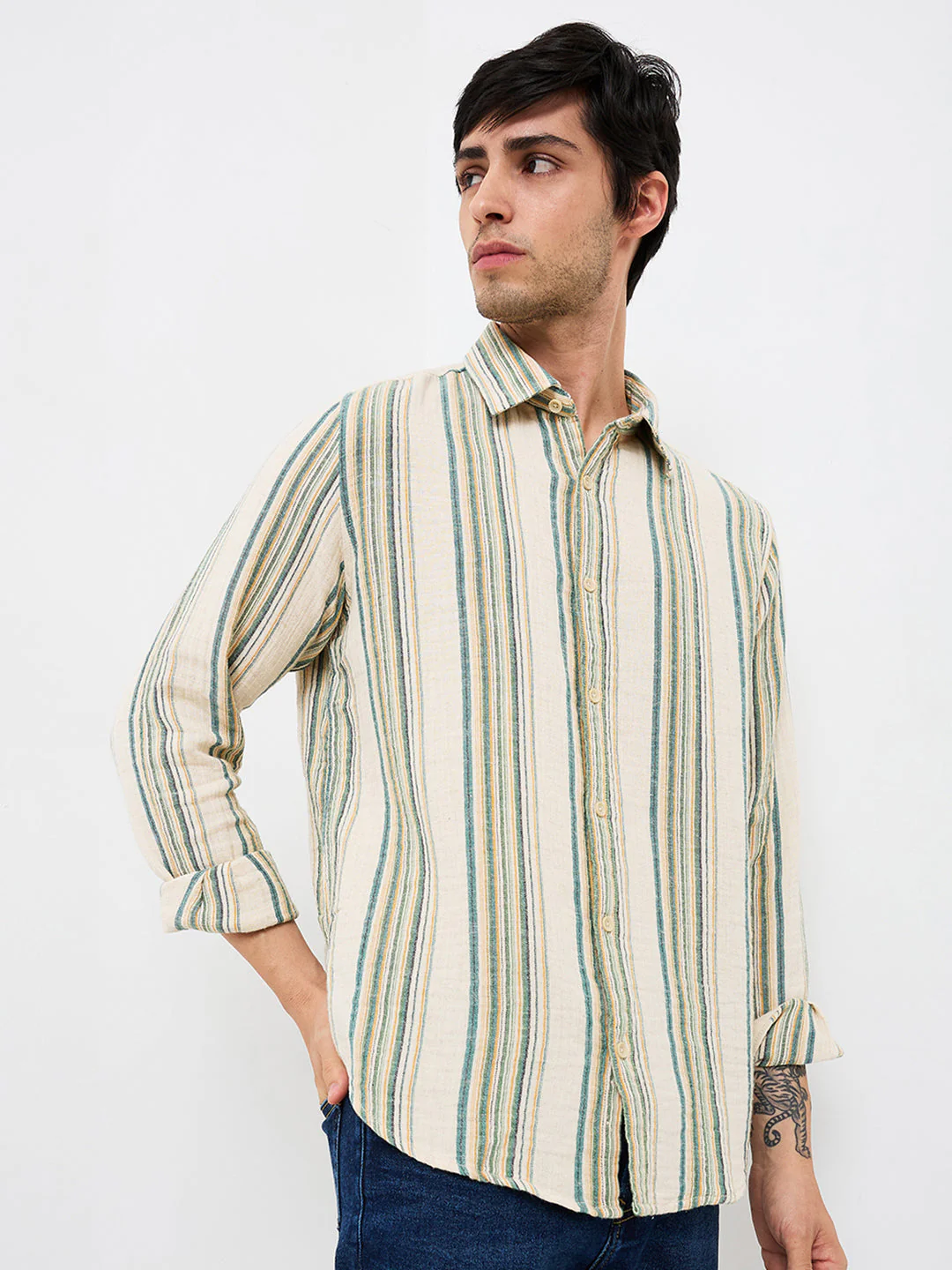 Men Beige Slim Fit Striped Full Sleeve Shirt - Image 2