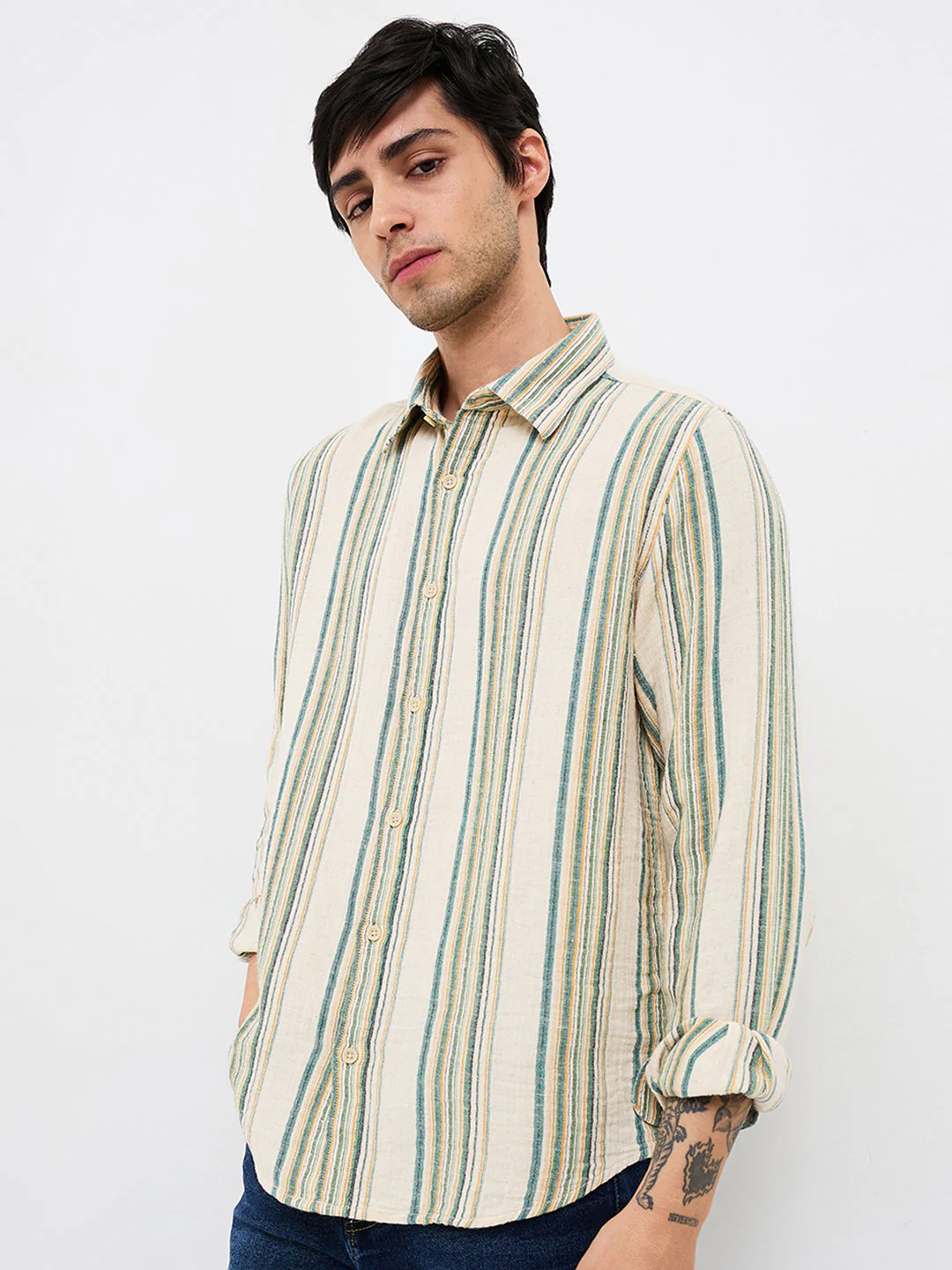 Men Beige Slim Fit Striped Full Sleeve Shirt - Image 3