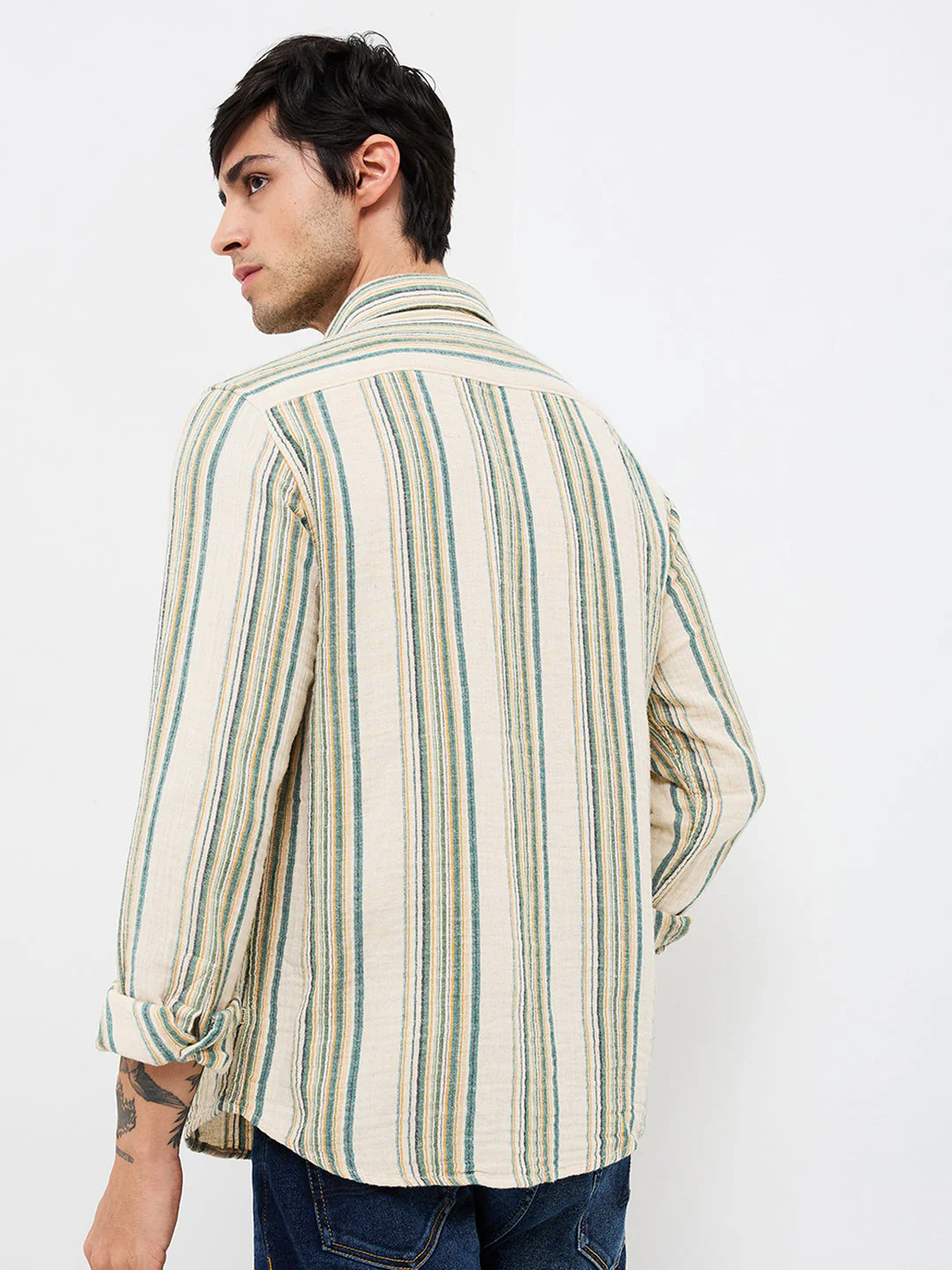 Men Beige Slim Fit Striped Full Sleeve Shirt - Image 4
