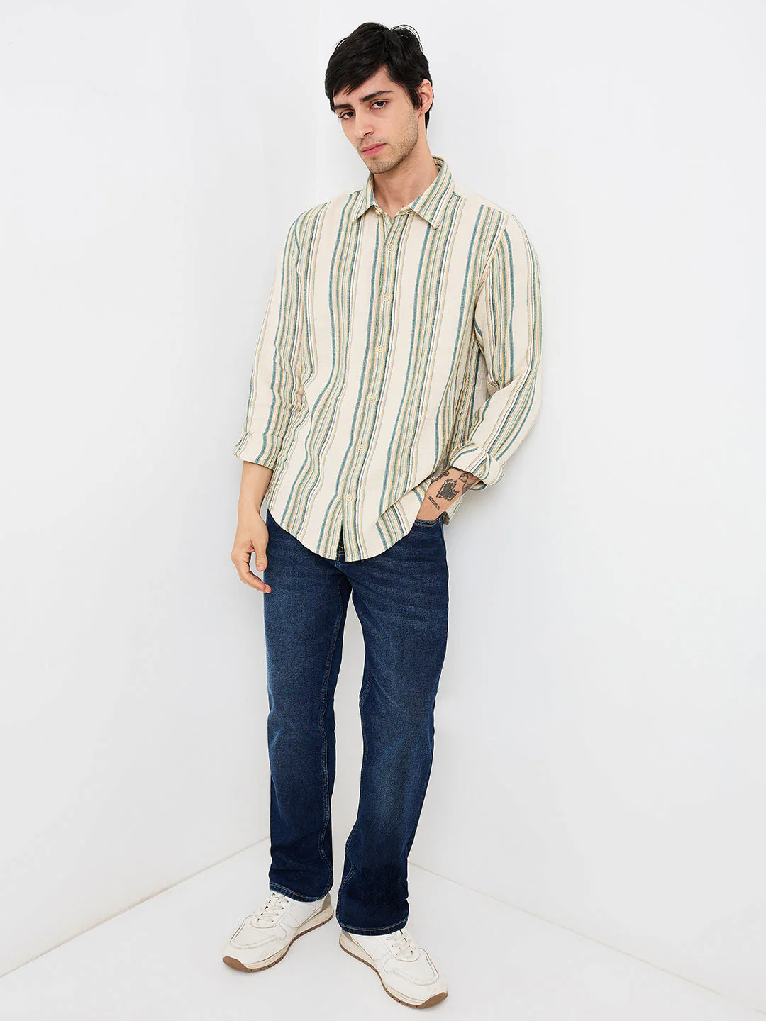 Men Beige Slim Fit Striped Full Sleeve Shirt - Image 5