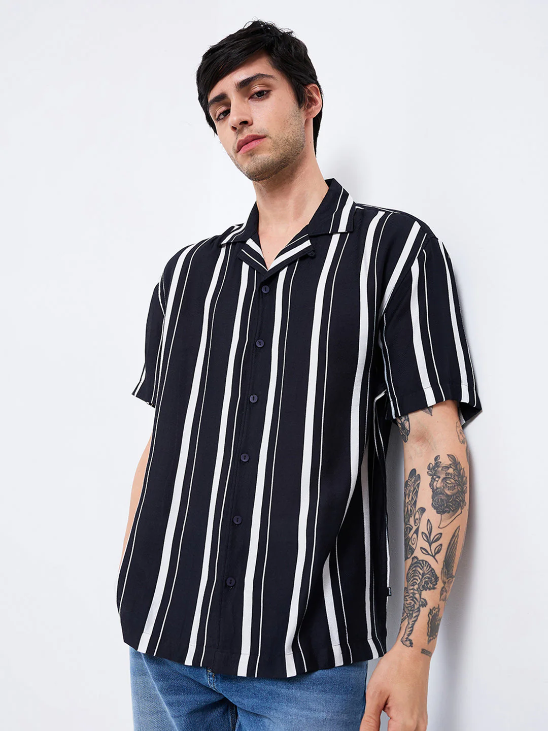 Men Shirt Stripe Black Relaxed Fit - Image 2