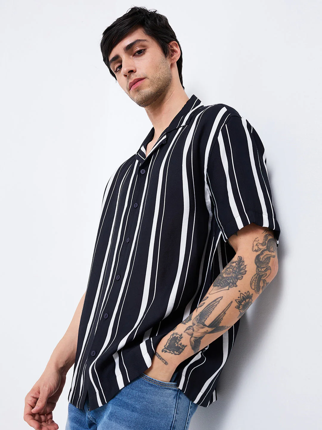Men Shirt Stripe Black Relaxed Fit - Image 3