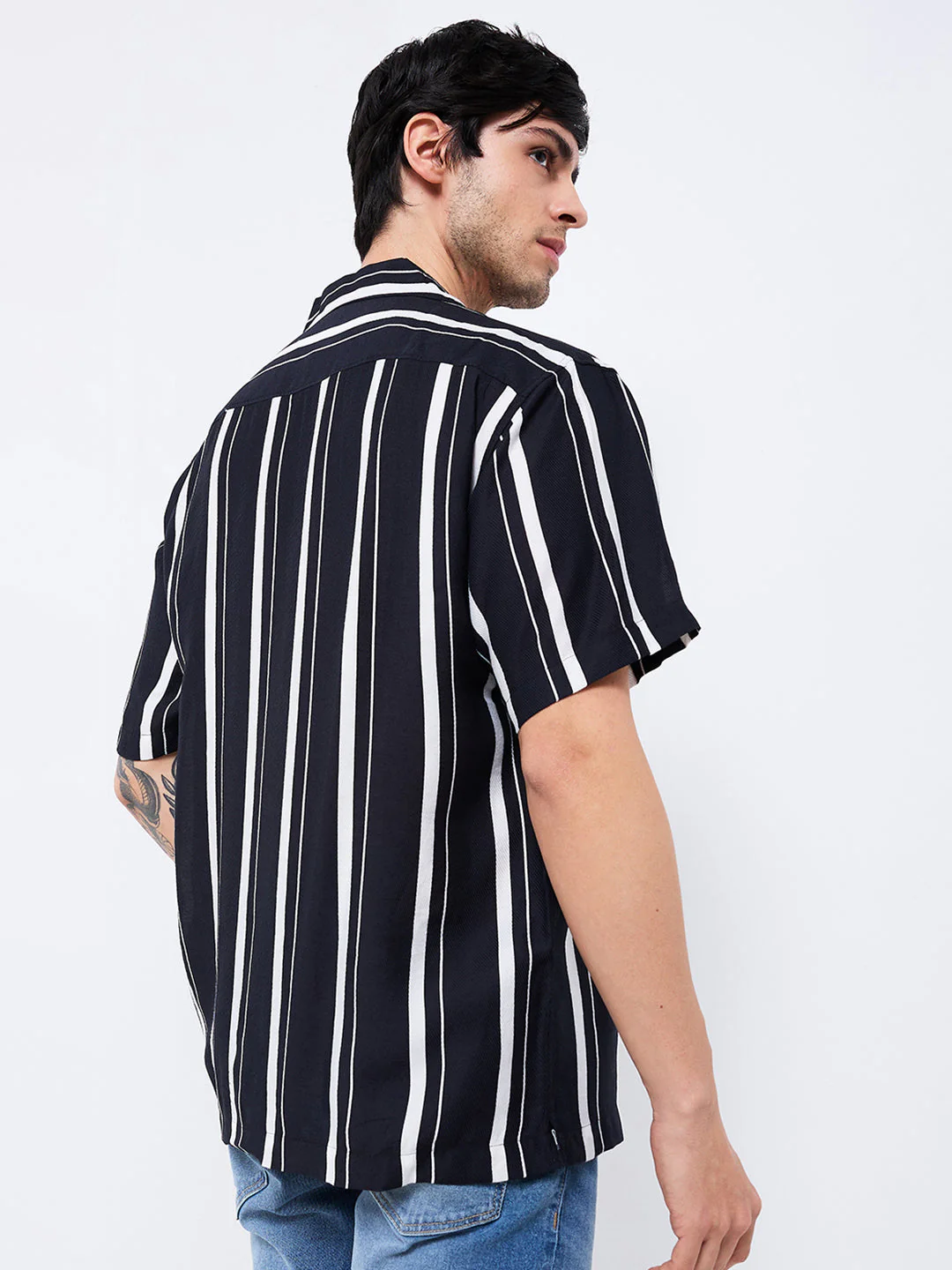 Men Shirt Stripe Black Relaxed Fit - Image 4
