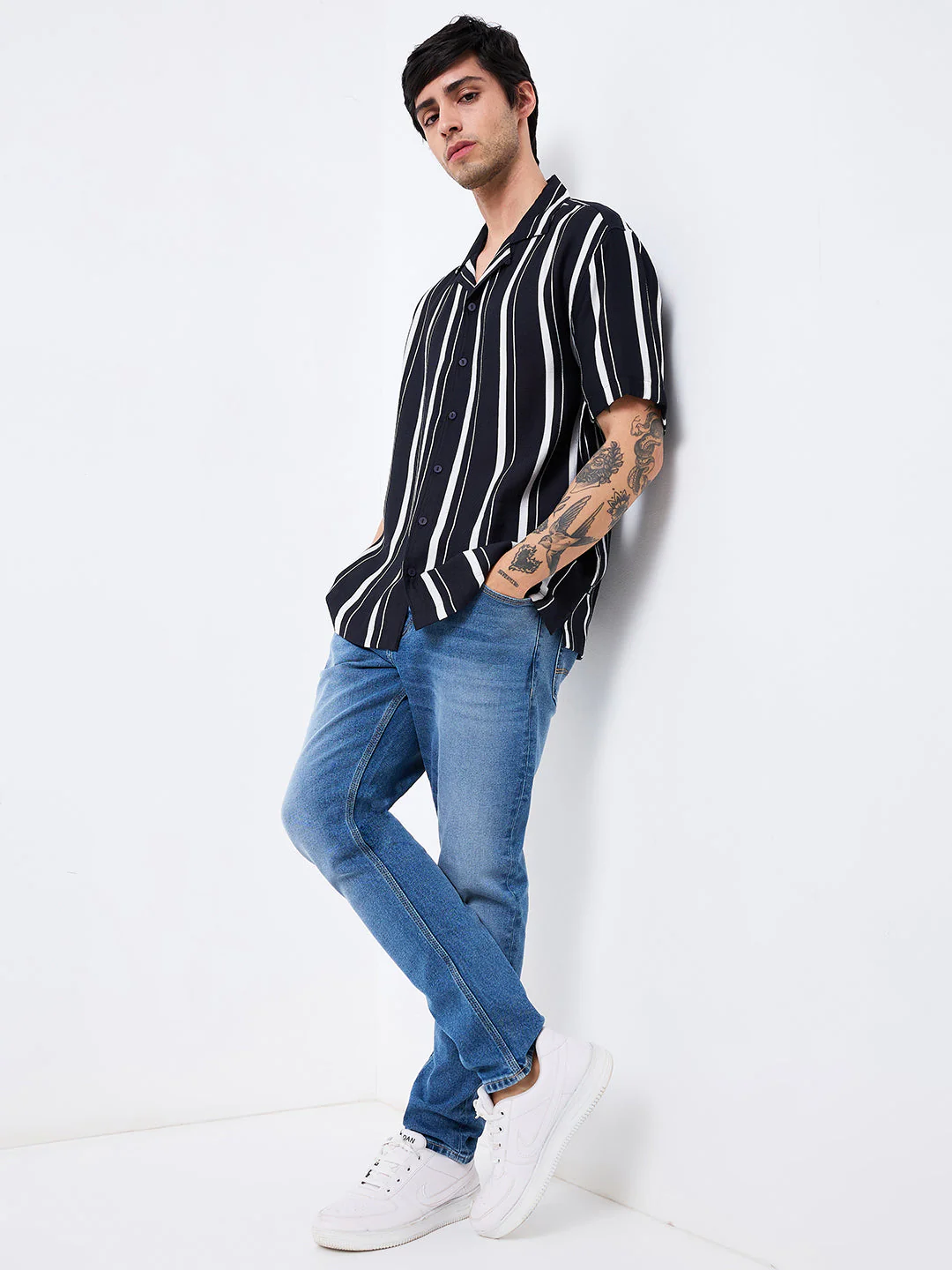 Men Shirt Stripe Black Relaxed Fit - Image 5
