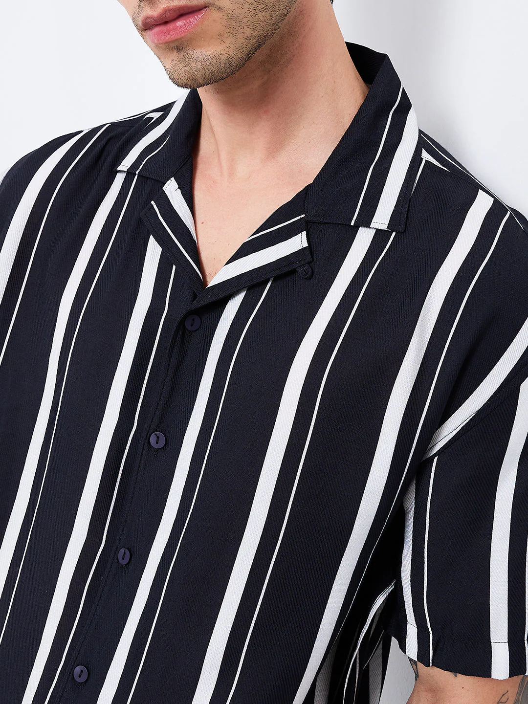 Men Shirt Stripe Black Relaxed Fit - Image 6