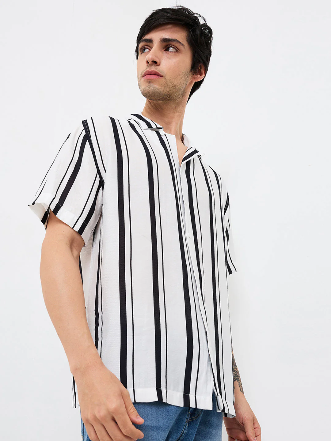 Men Shirt Stripe White Relaxed Fit