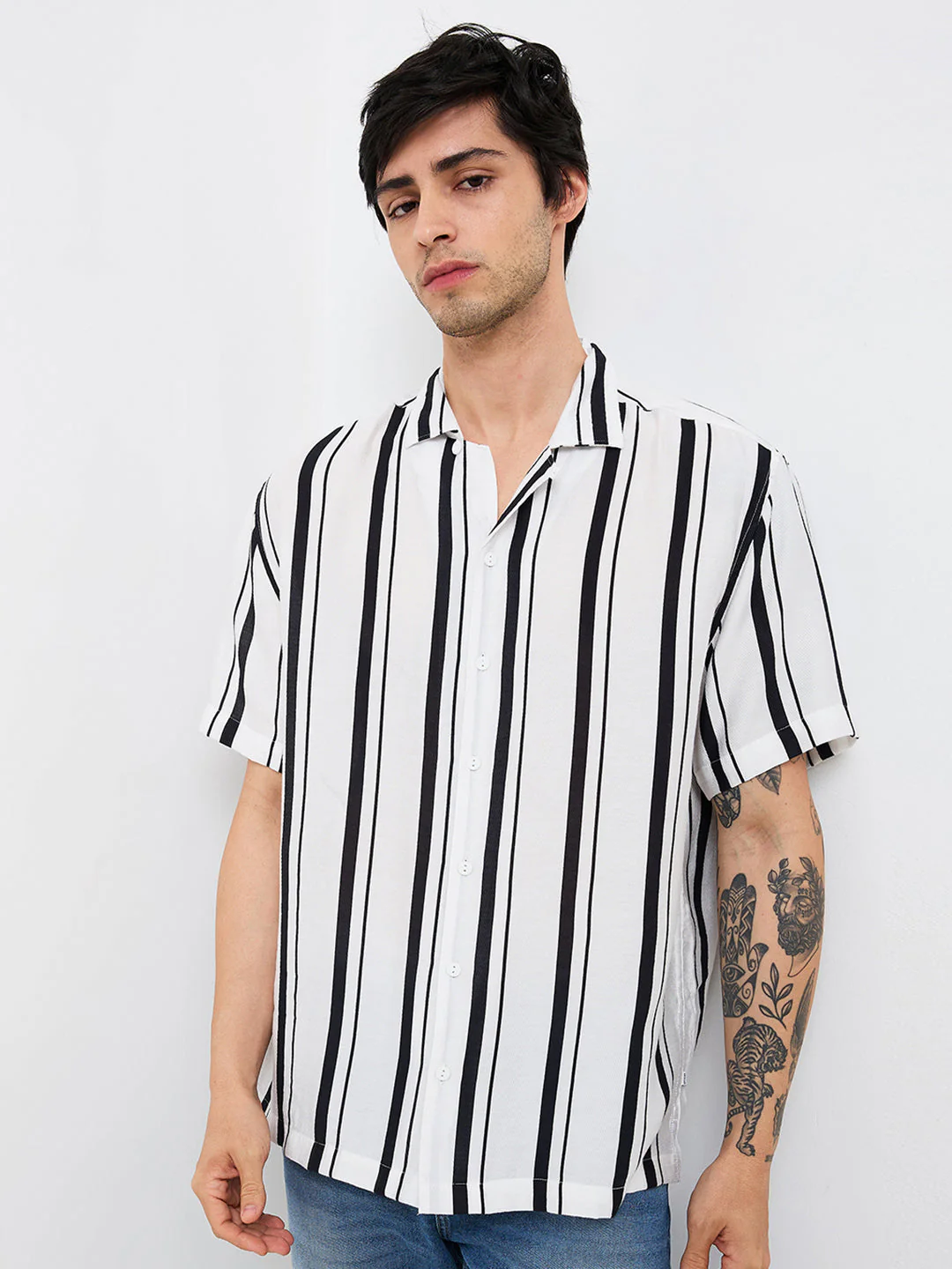 Men Shirt Stripe White Relaxed Fit - Image 2