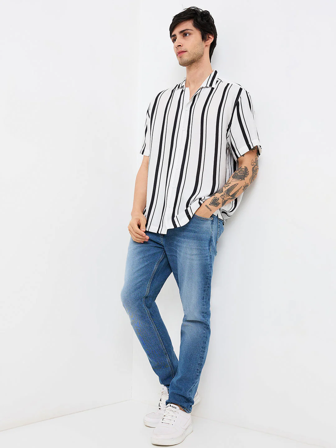Men Shirt Stripe White Relaxed Fit - Image 5