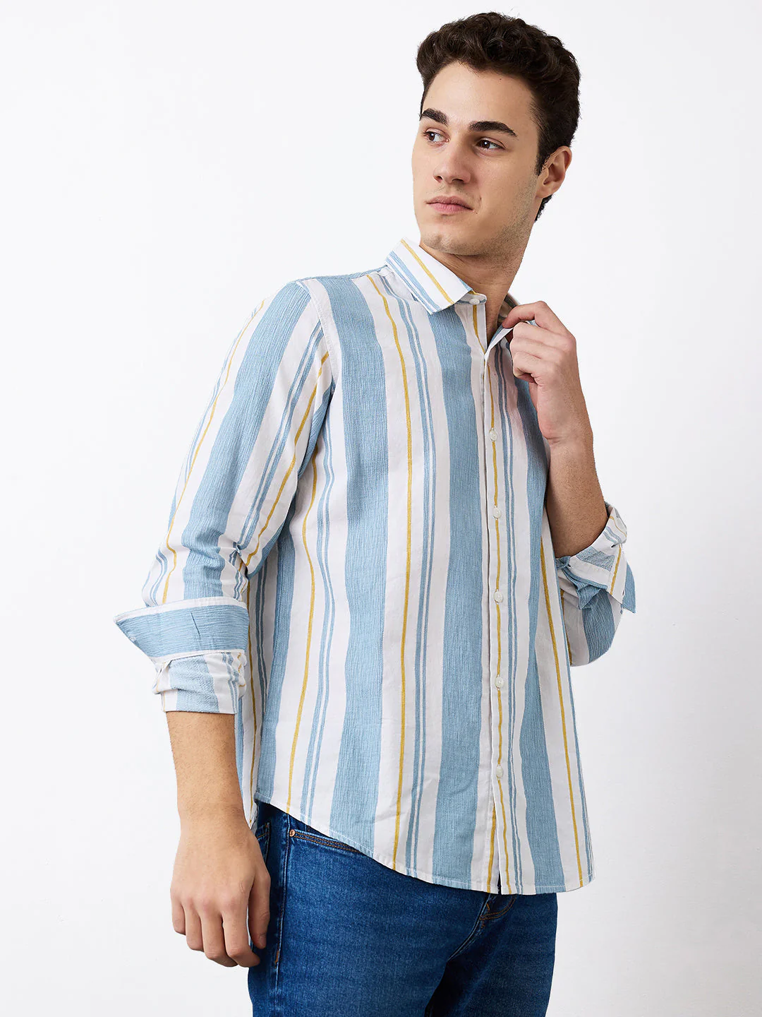 Men Shirt Stripe Blue Slim Fit