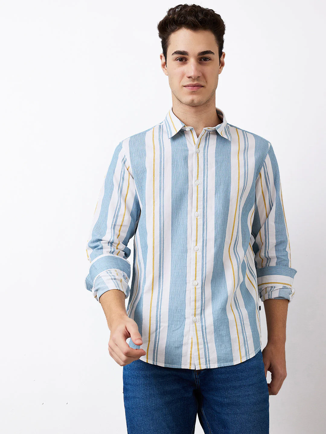 Men Shirt Stripe Blue Slim Fit - Image 2