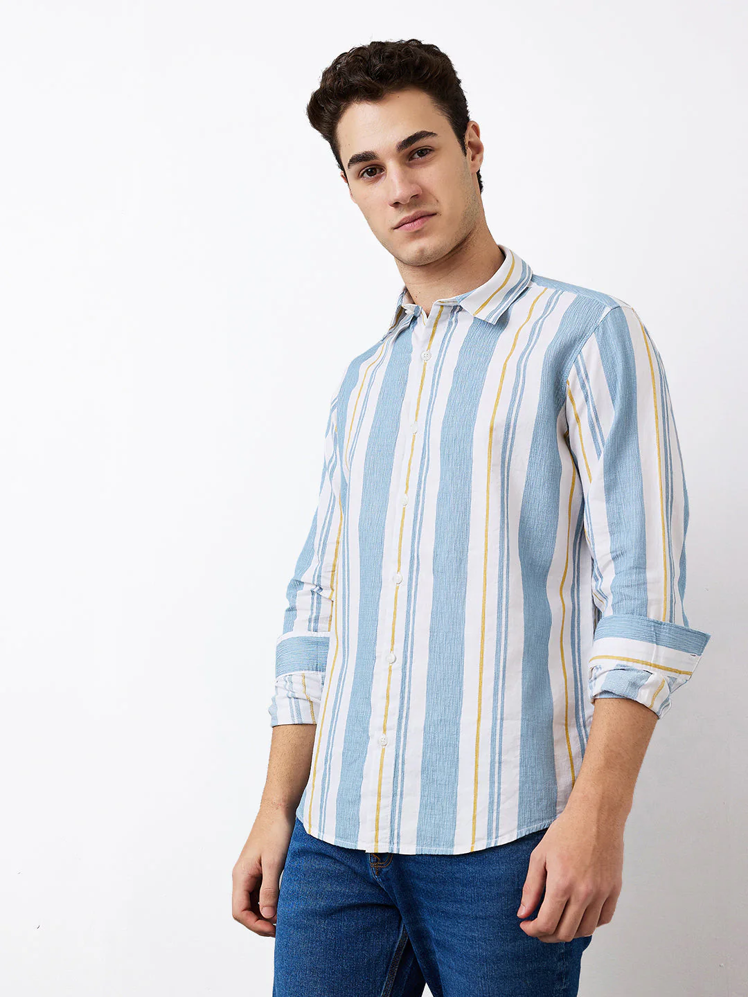 Men Shirt Stripe Blue Slim Fit - Image 3