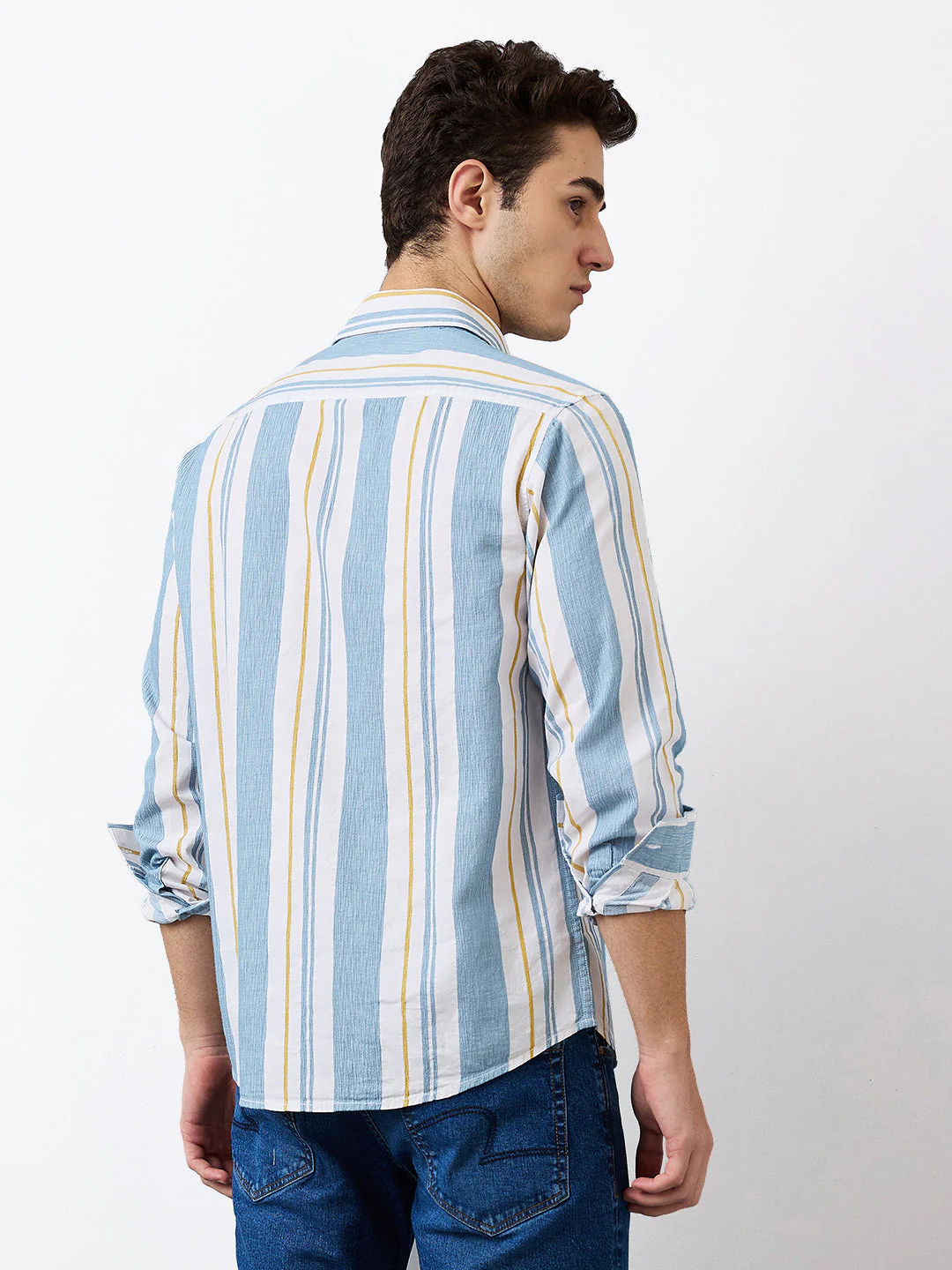 Men Shirt Stripe Blue Slim Fit - Image 4