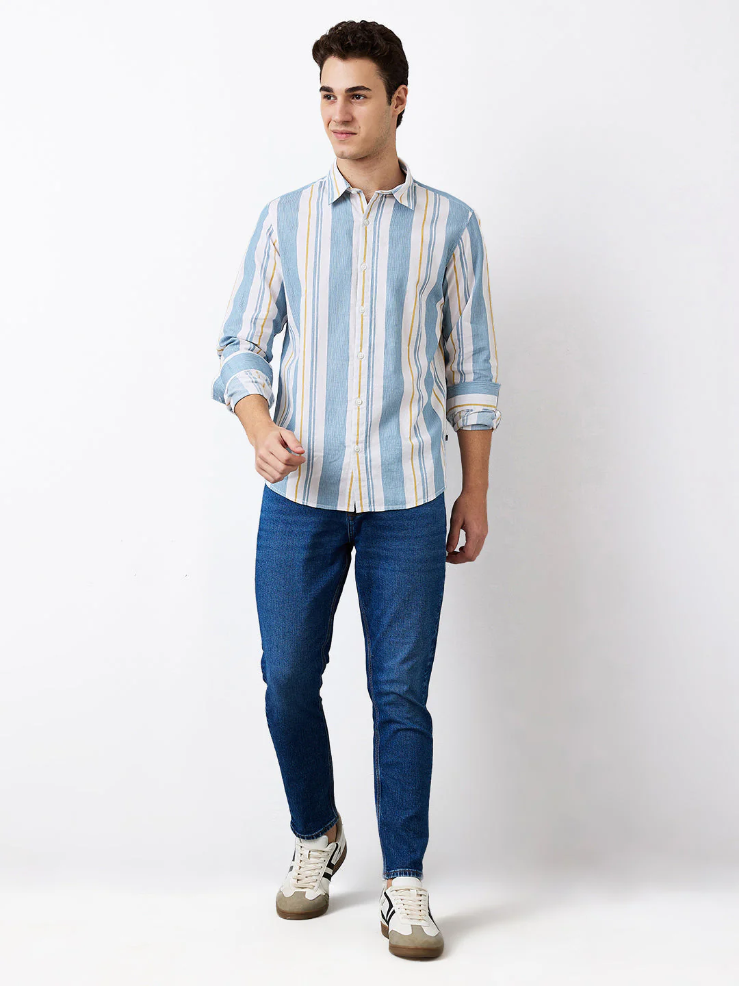 Men Shirt Stripe Blue Slim Fit - Image 5
