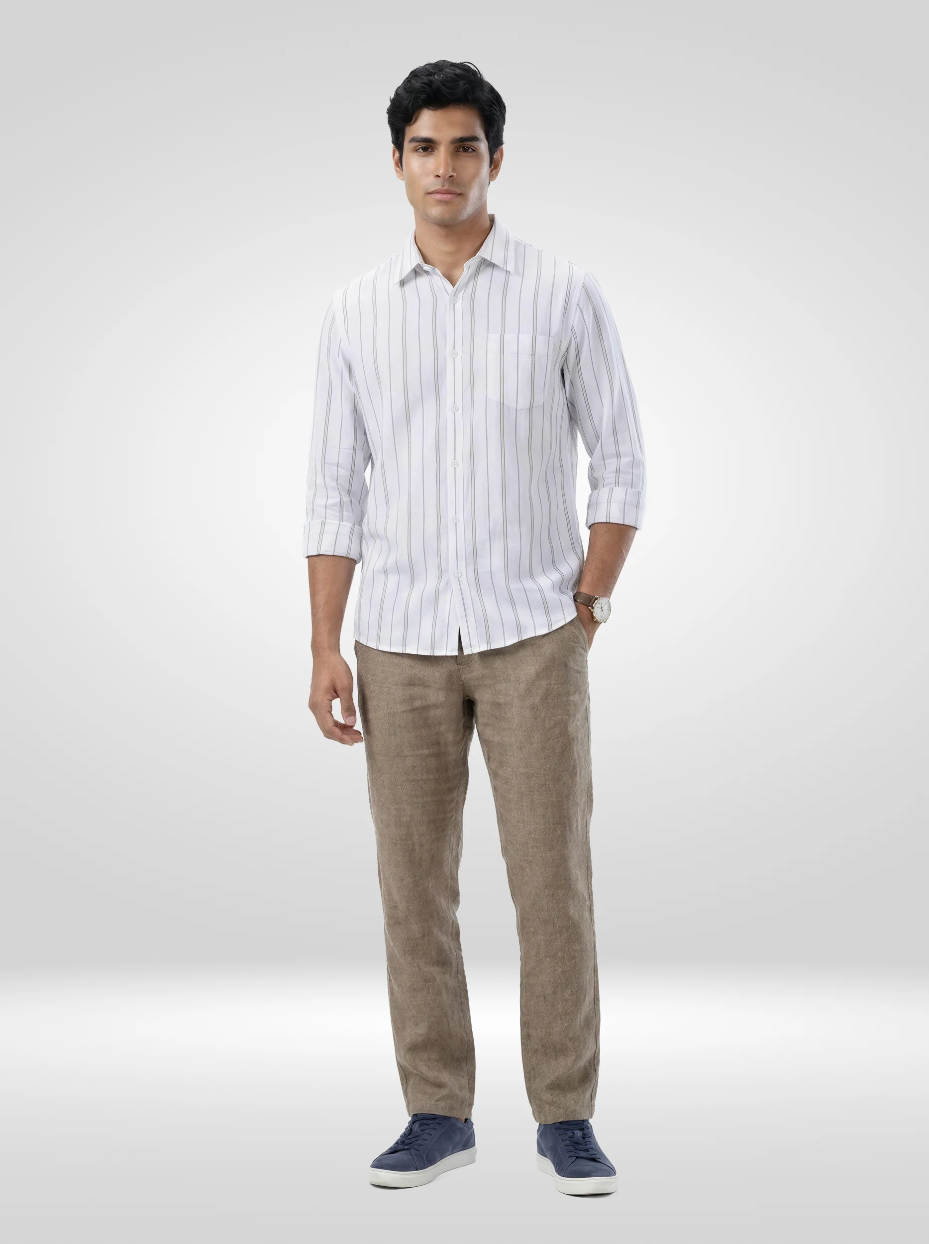 Men Shirt Stripe White Regular Fit - Image 2