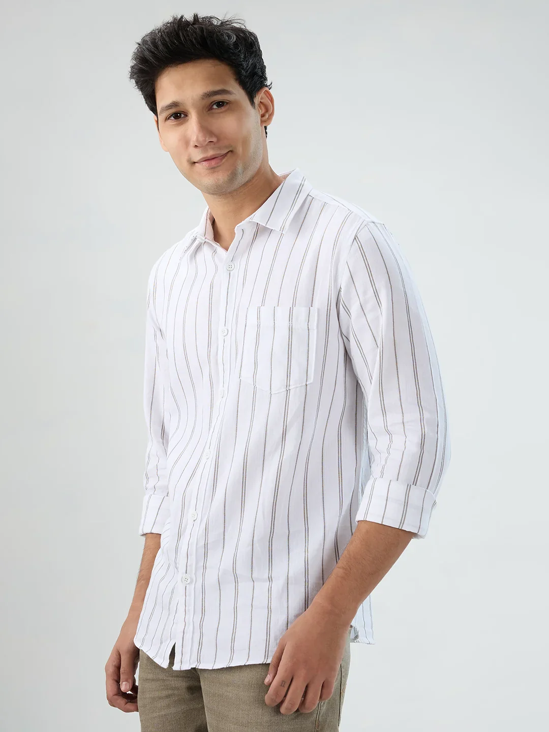 Men Shirt Stripe White Regular Fit - Image 4