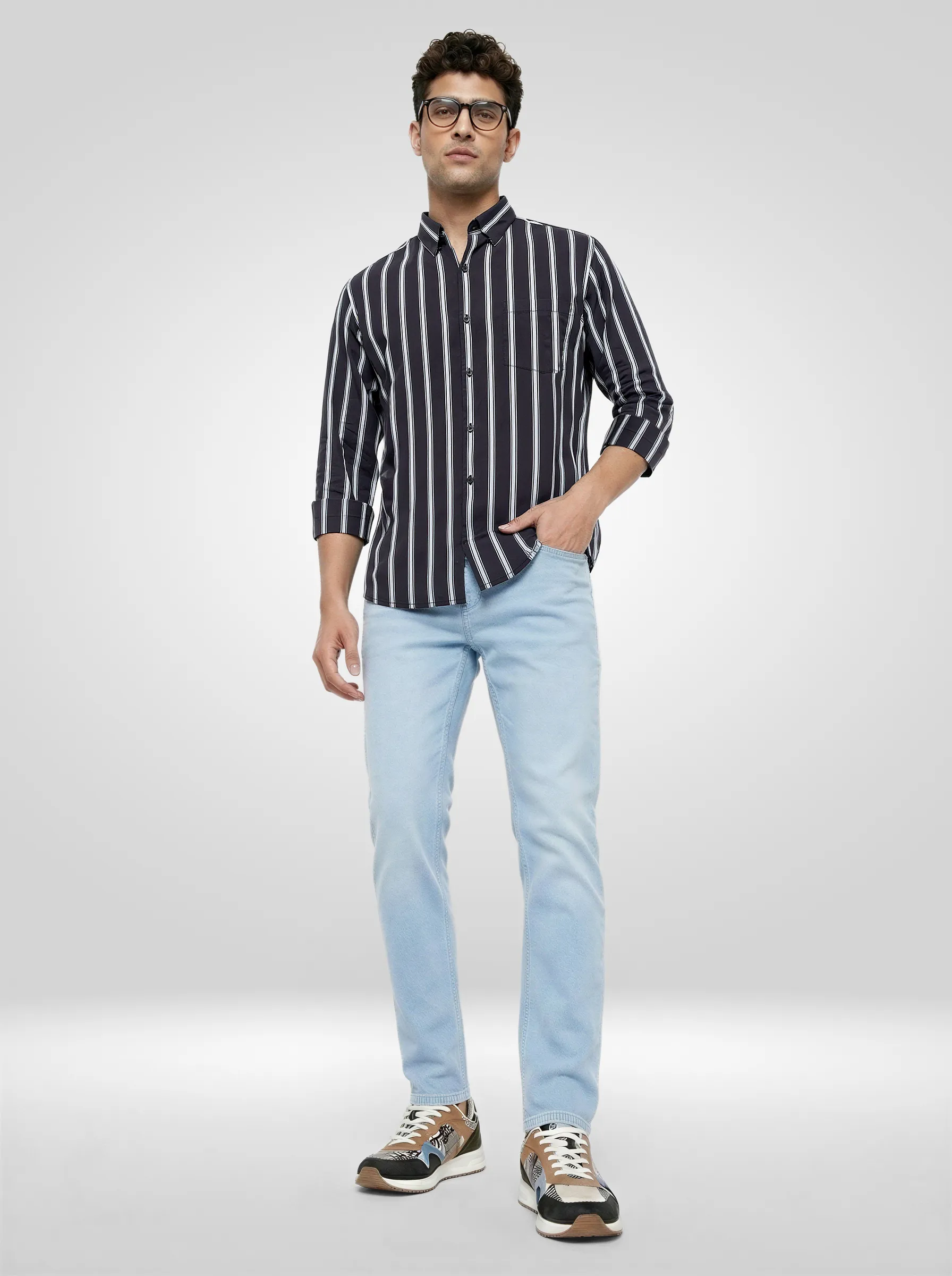 Men Shirt Stripe Black Regular Fit - Image 2