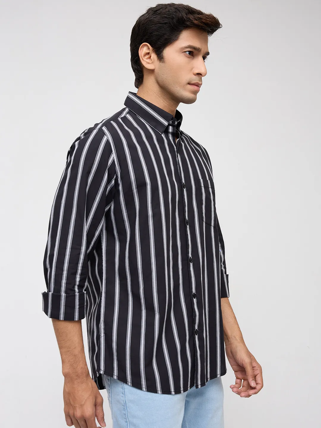 Men Shirt Stripe Black Regular Fit - Image 3