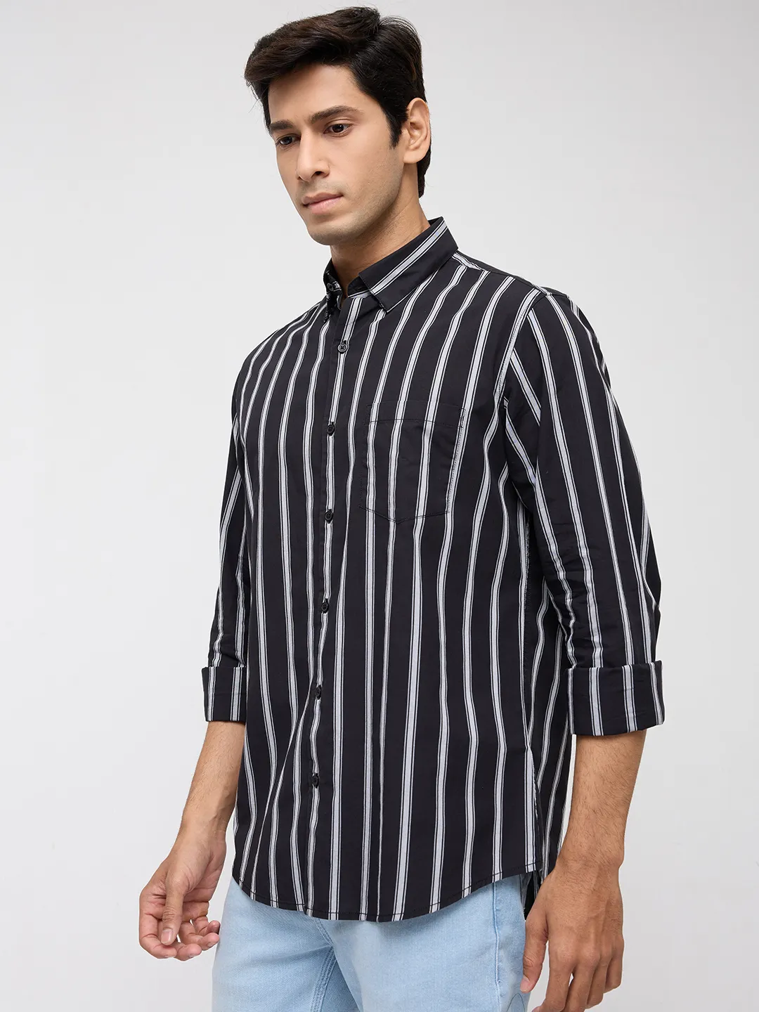 Men Shirt Stripe Black Regular Fit - Image 4
