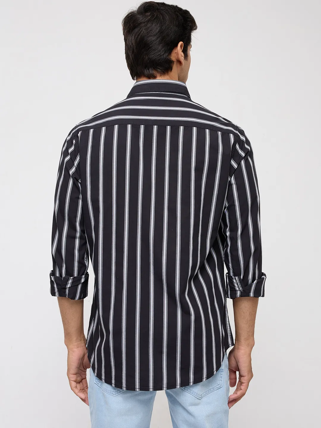 Men Shirt Stripe Black Regular Fit - Image 5